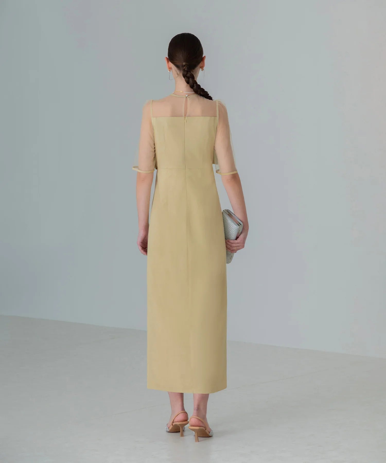 【当日発送】フロントプリーツシアースリーブIラインワンピースドレス