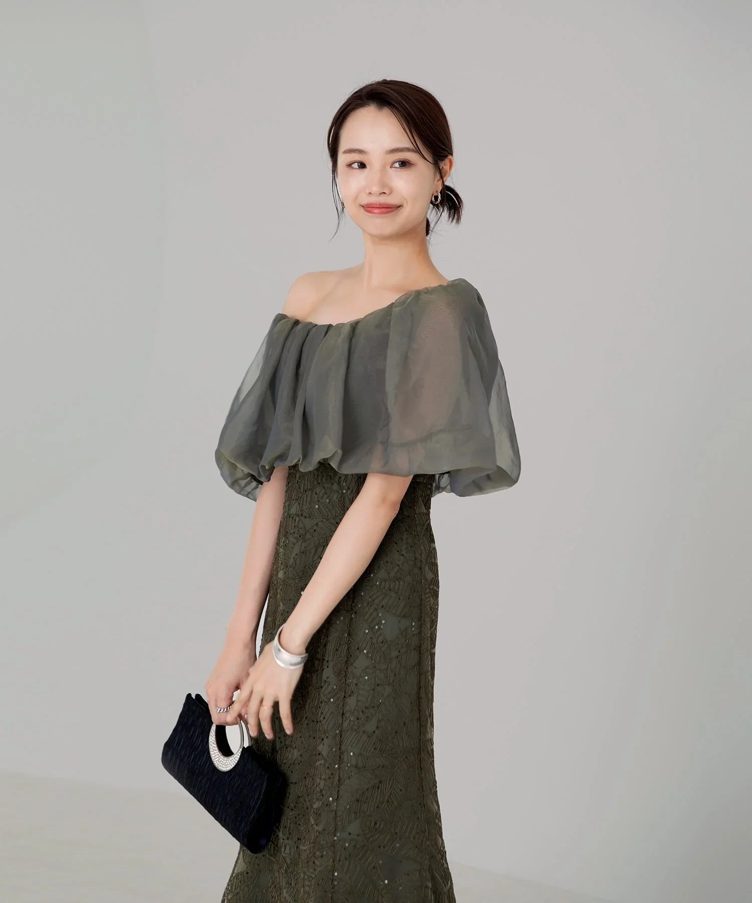 【当日発送】2WAYオフショルダーパフスリーブマーメイドワンピースドレス