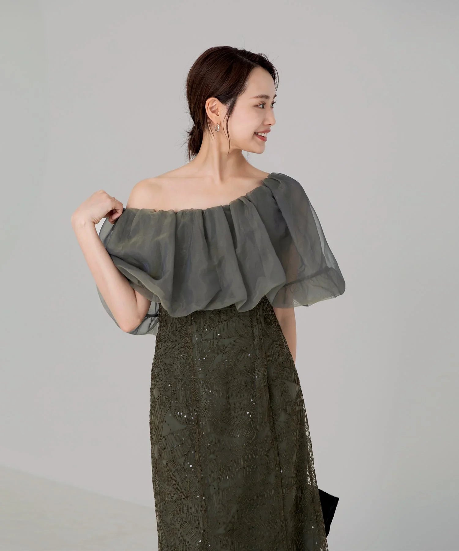 【当日発送】2WAYオフショルダーパフスリーブマーメイドワンピースドレス