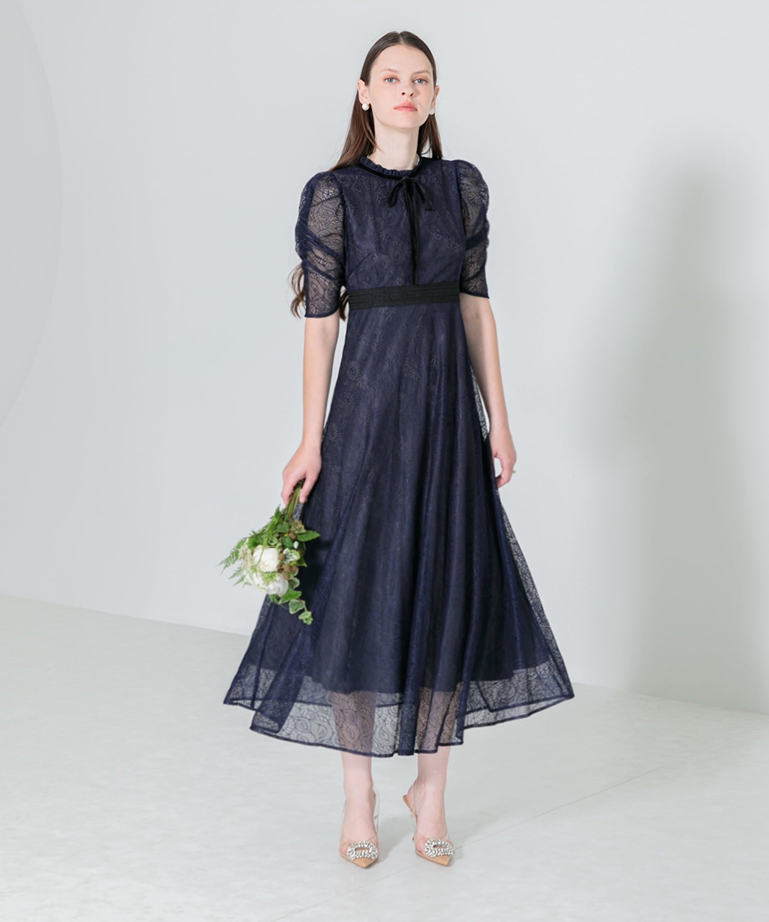 【当日発送】ウエストマークパフスリーブレースロングワンピースドレス