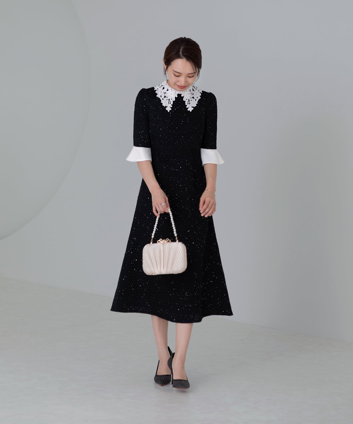 【当日発送】花柄レースカラースパンコールAラインワンピースドレス