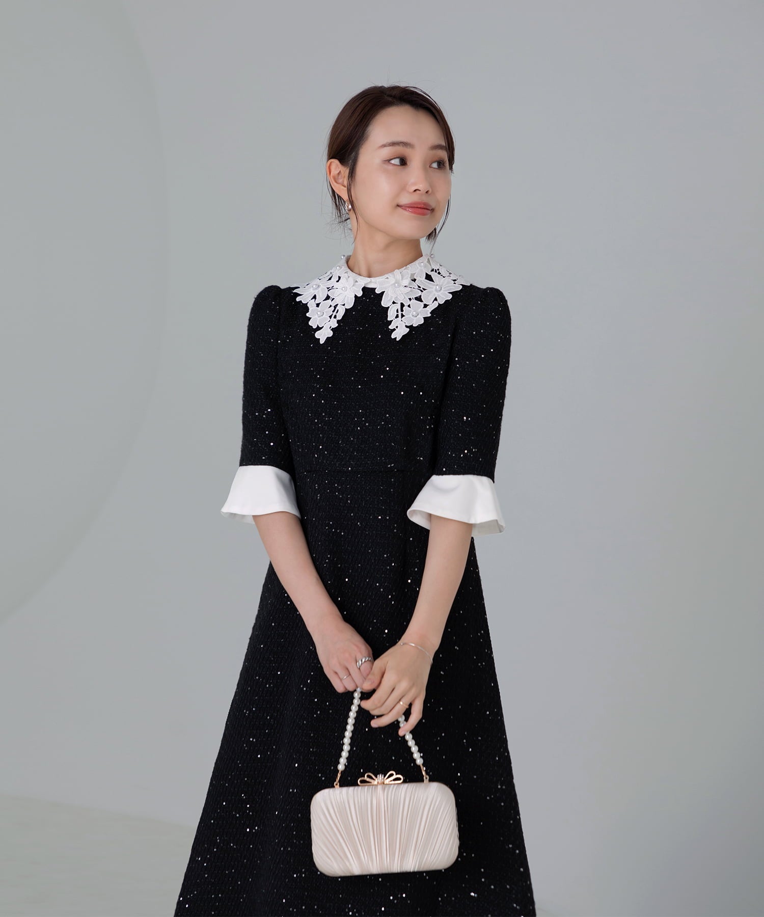 【当日発送】花柄レースカラースパンコールAラインワンピースドレス