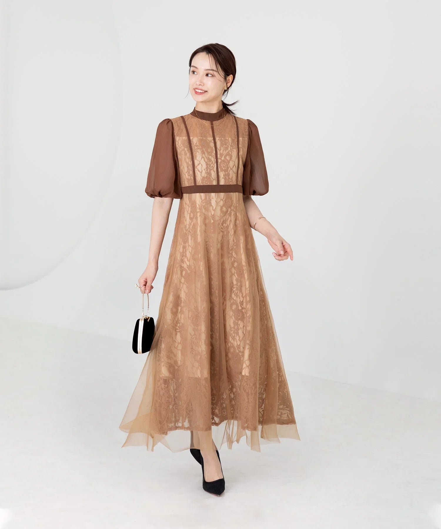 【當天出貨】高腰薄紗蕾絲A字連身裙