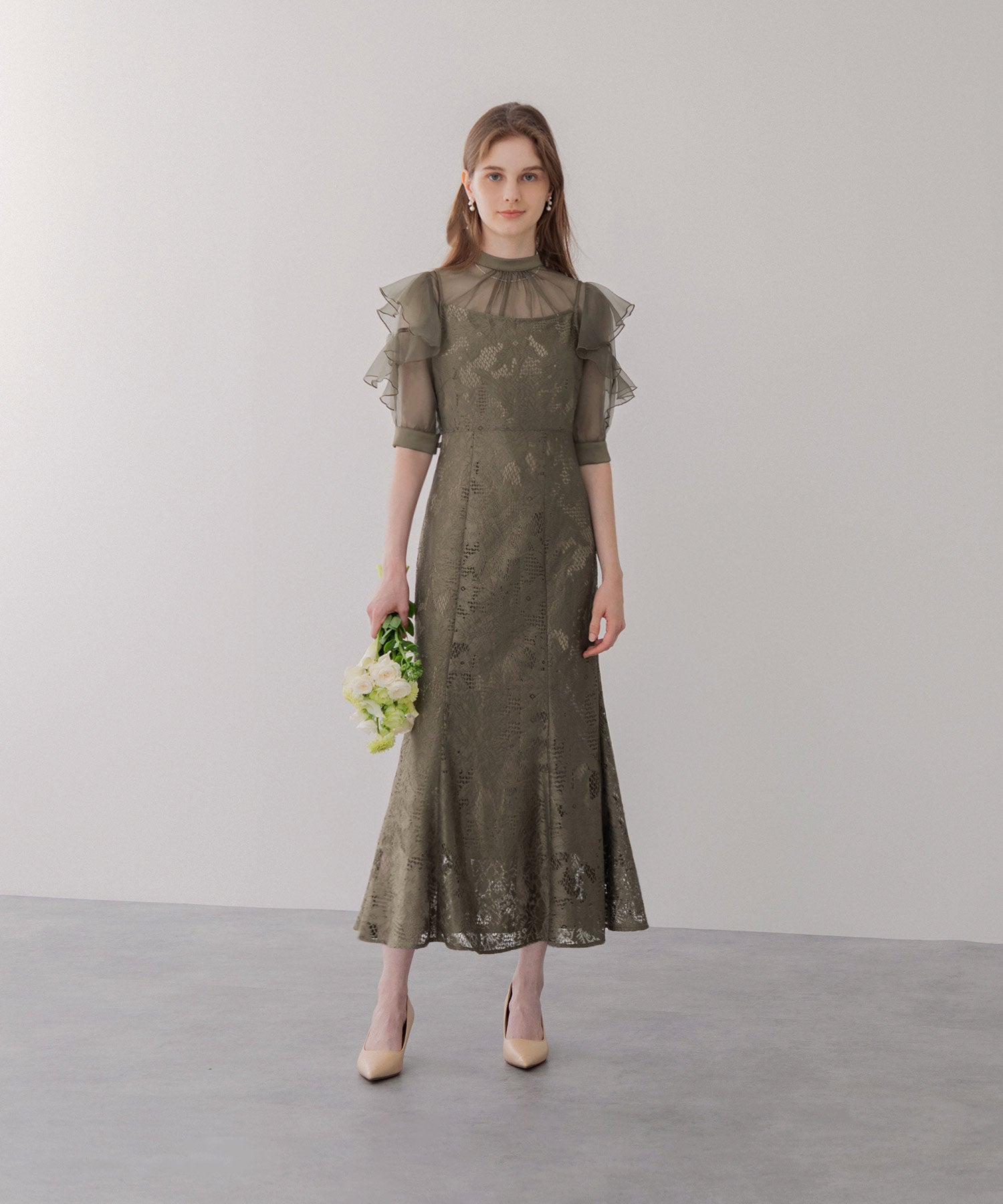 leja刺繍レースウエストサイド釦マーメイドシルエットジャンスカロング  