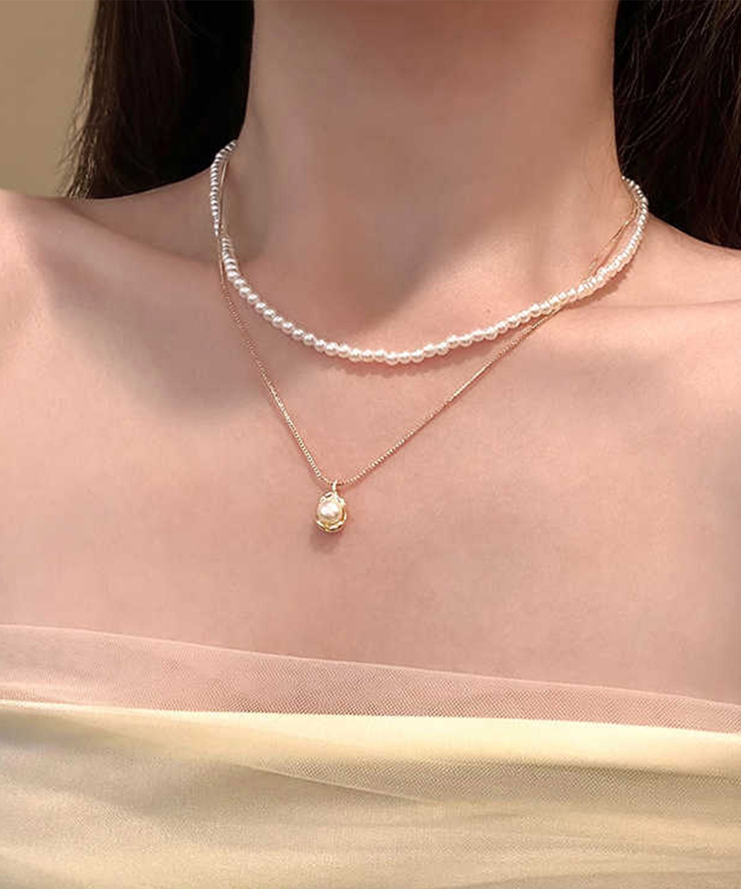 【当日発送】パール二連チェーンネックレス