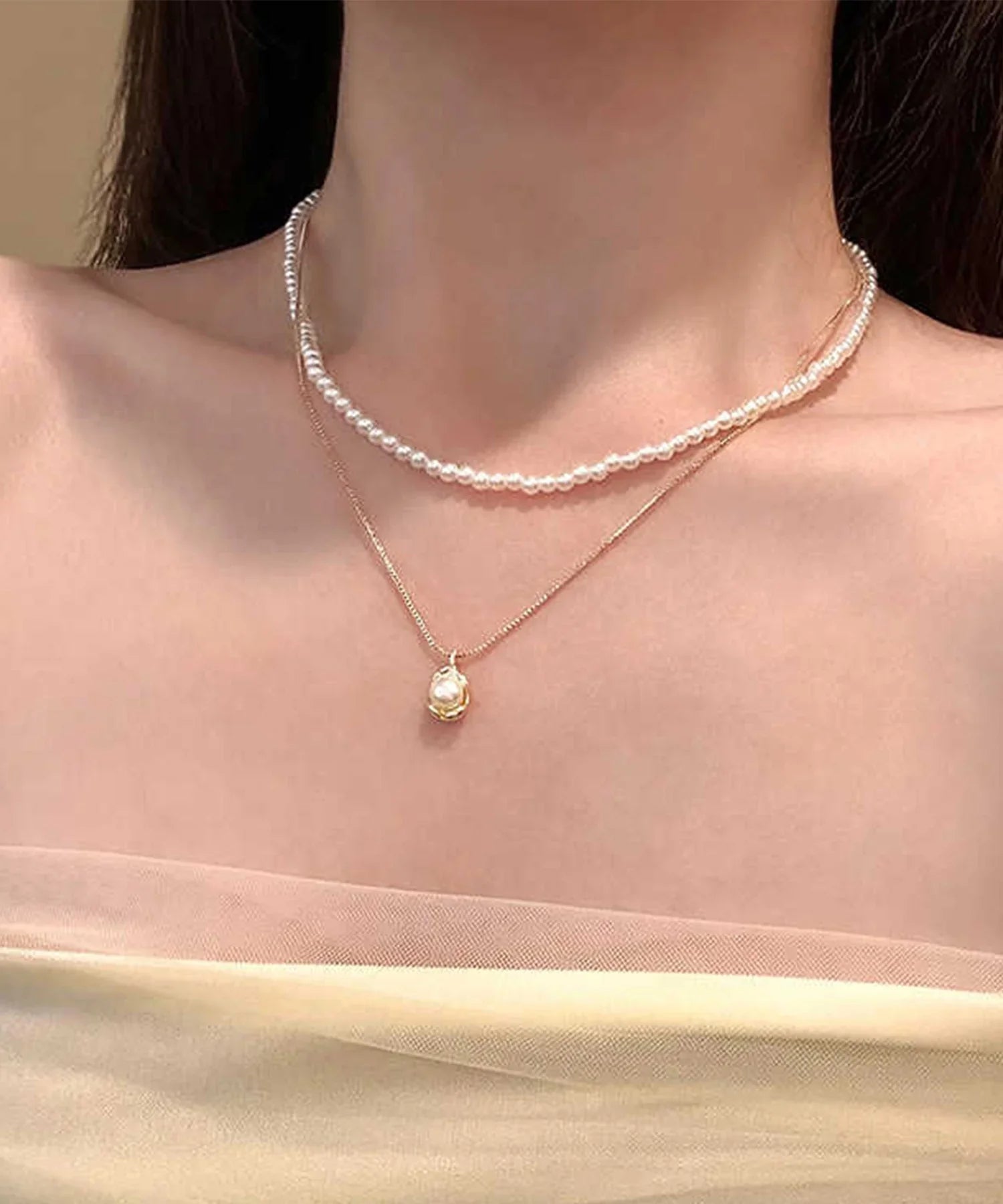 【当日発送】パール二連チェーンネックレス