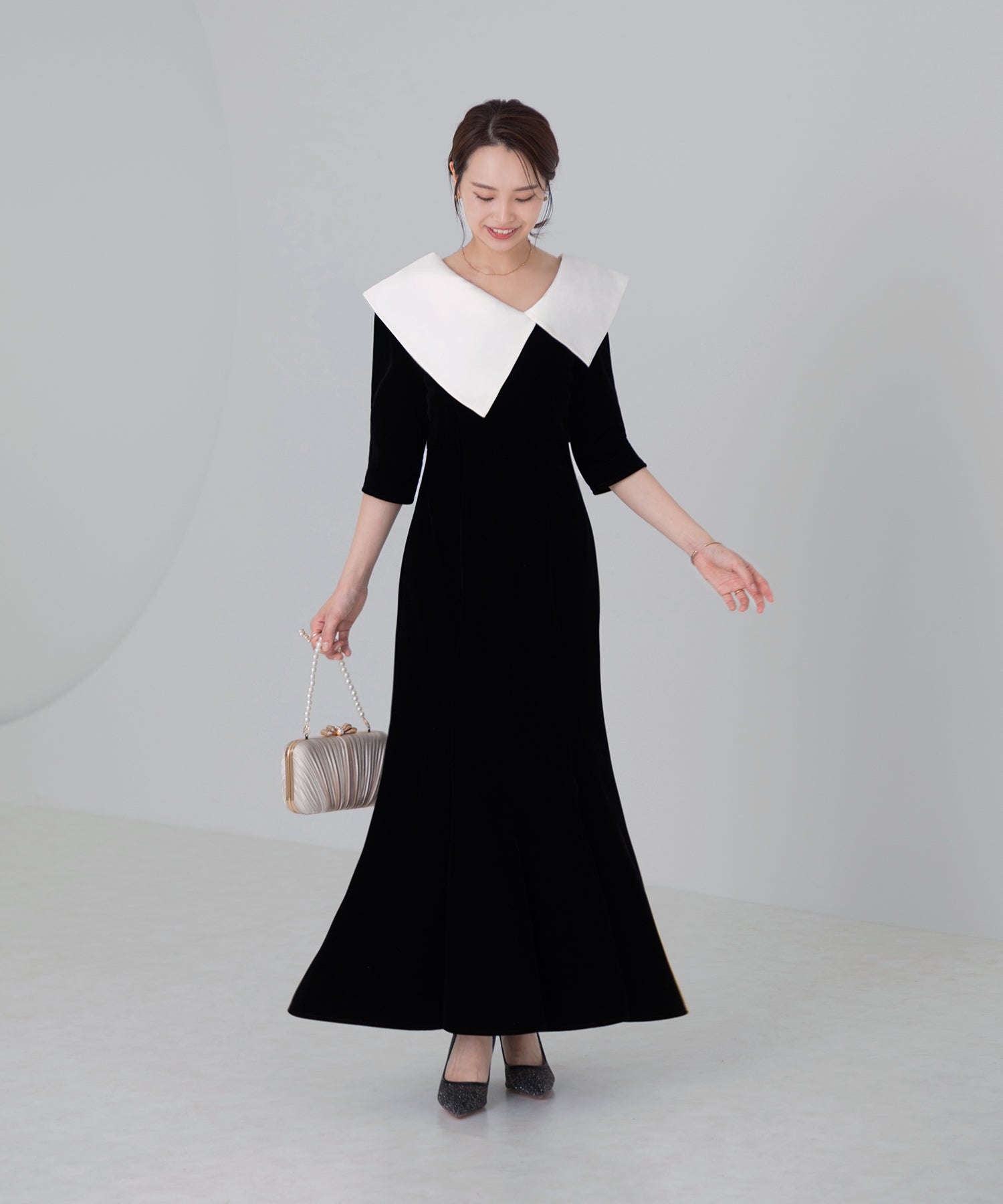 【当日発送】アシンメトリービッグカラーベロアマーメイドワンピースドレス