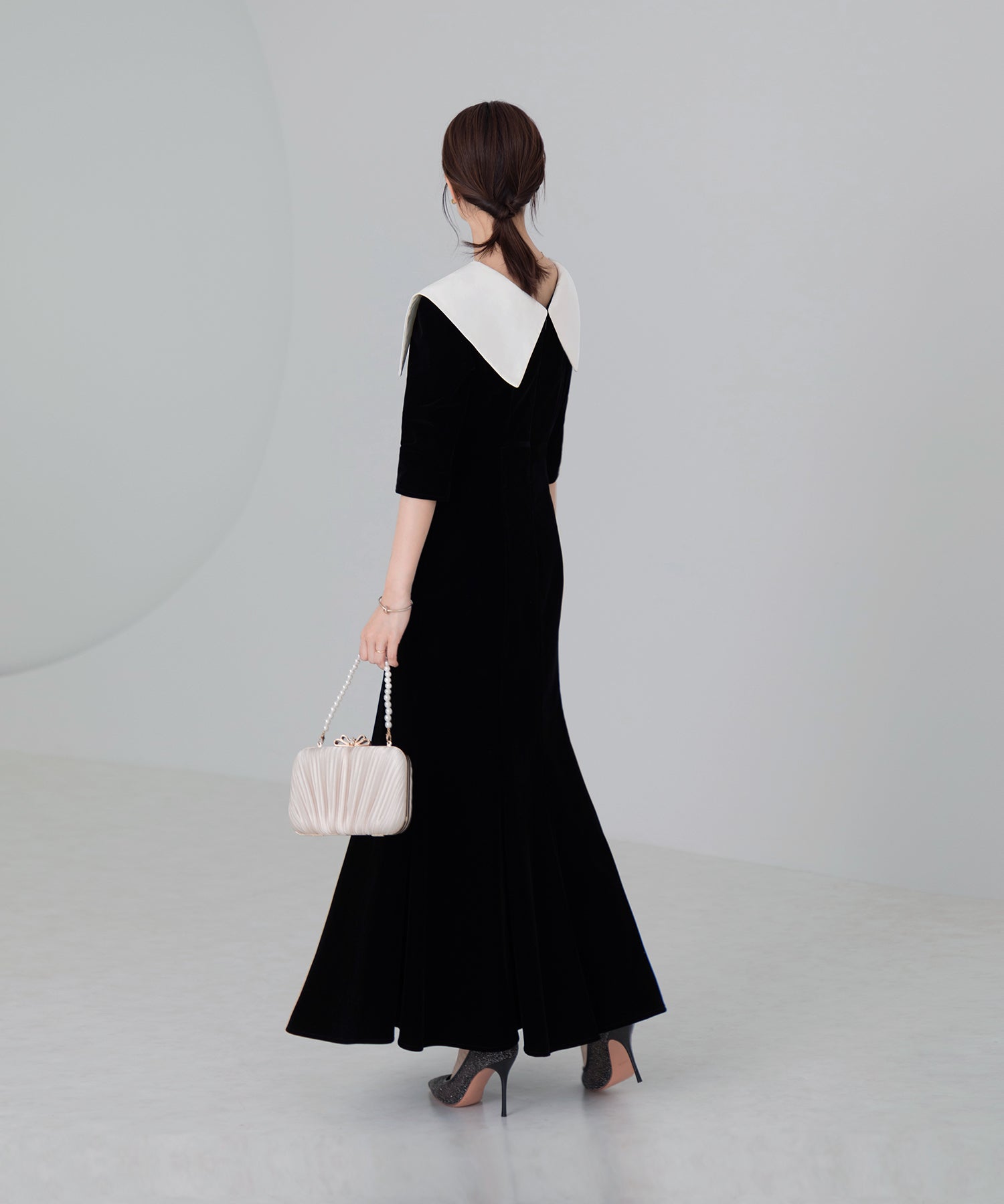 【当日発送】アシンメトリービッグカラーベロアマーメイドワンピースドレス