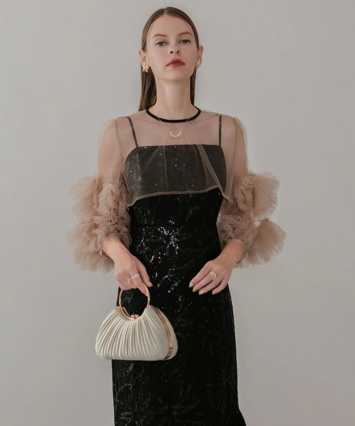 【一部当日発送】フラワースパンコールチュールフリルスリーブIラインワンピースドレス