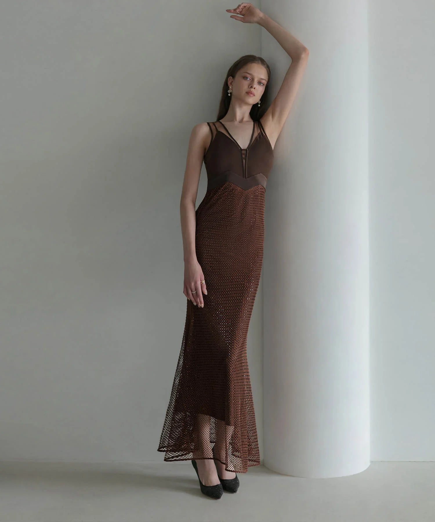 【LEJA LUXE】VネックメッシュストーンIラインドレス