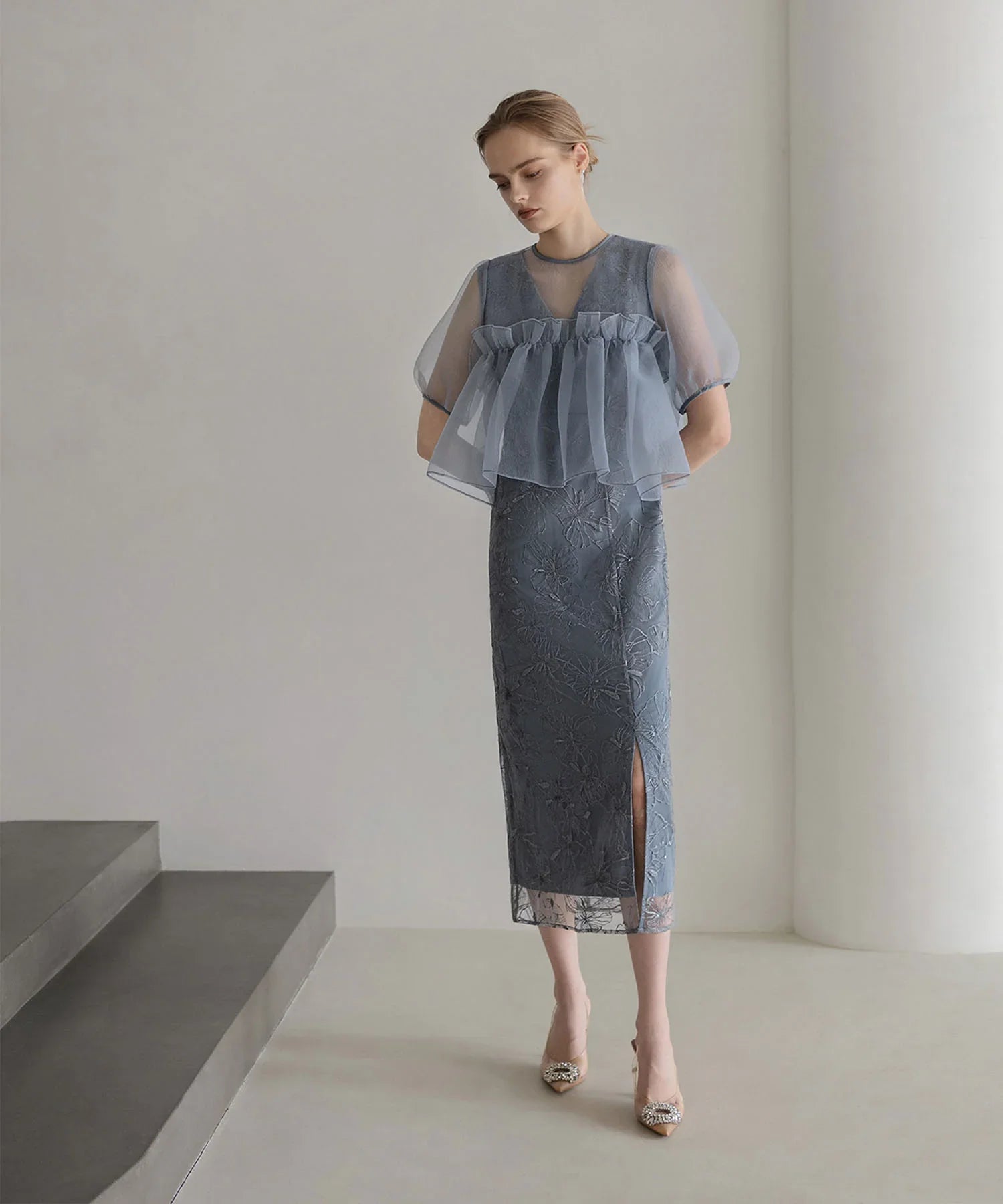 【当日発送】ボリュームシアーフリルジャガードIラインワンピースドレス