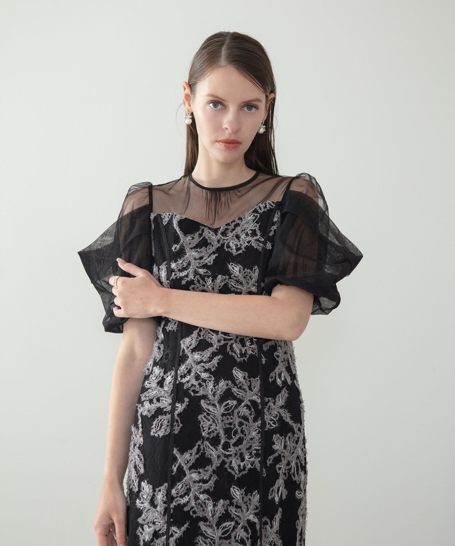 【当日発送】ラメシャギーフラワーシアースリーブIラインワンピースドレス