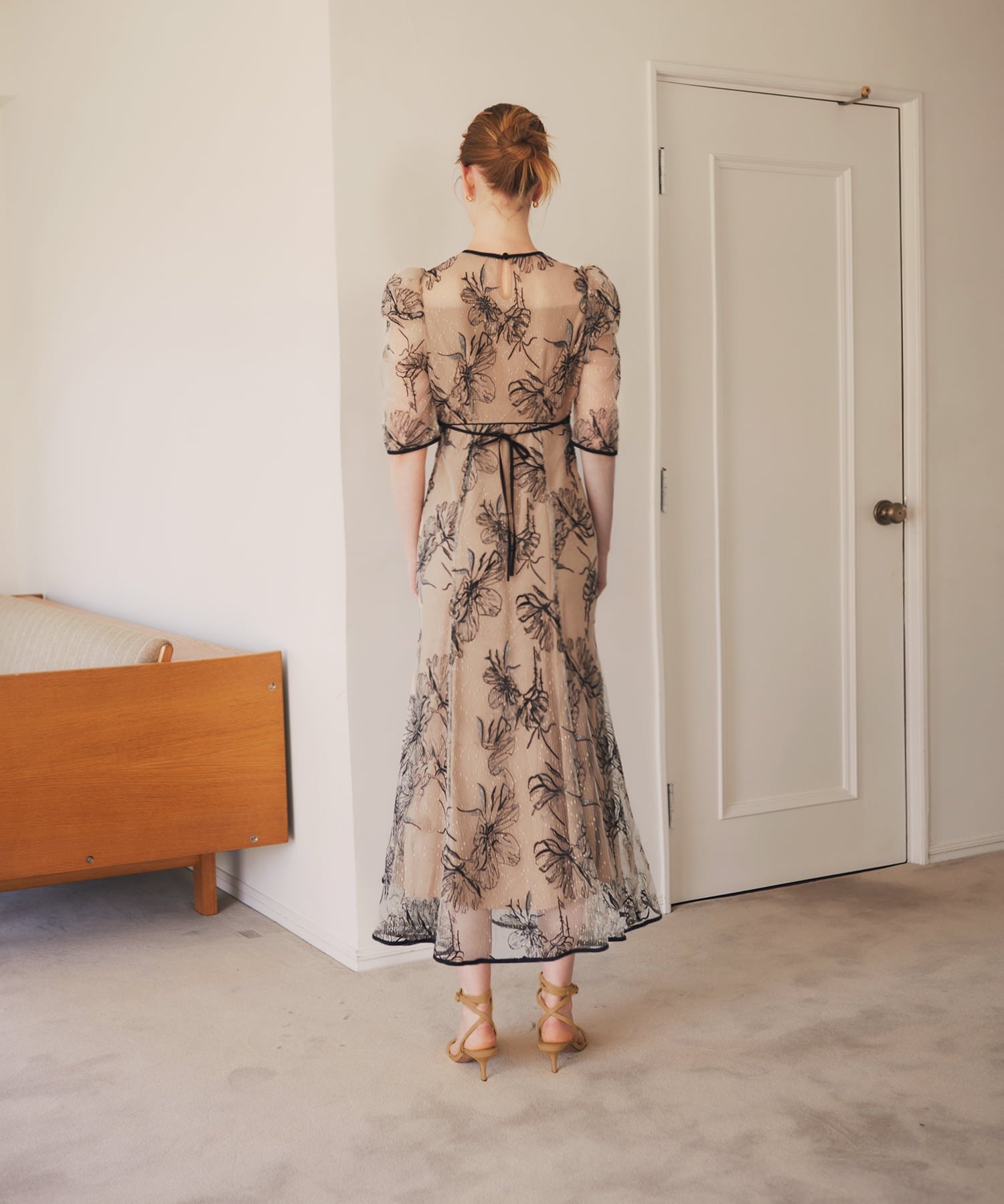 【当日発送】花柄リボンパフスリーブマーメイドワンピースドレス