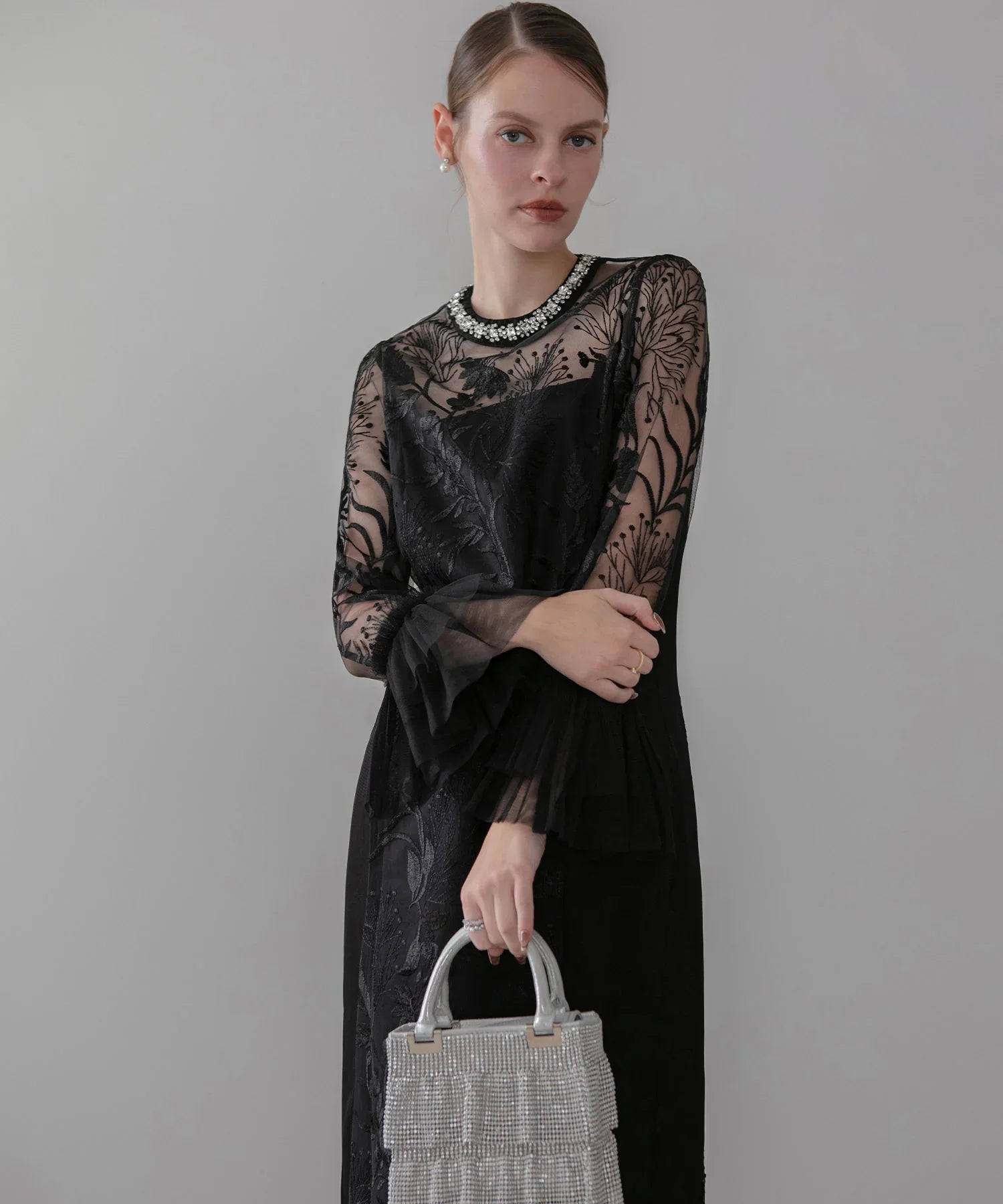 【当日発送】フラワーレースジュエルカラーIラインワンピースドレス