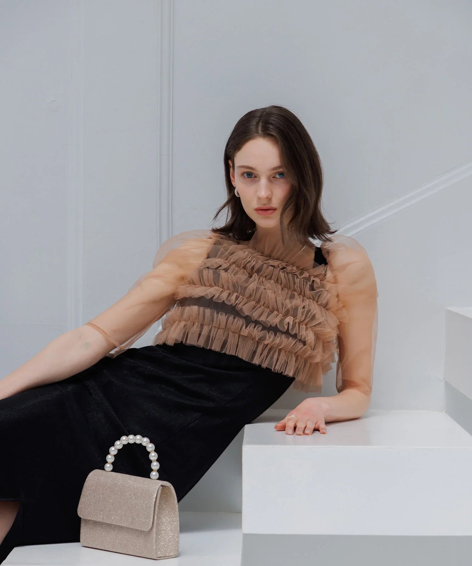 【SOLD OUT】チュールアシンメトリーティアードフリルIラインワンピースドレス