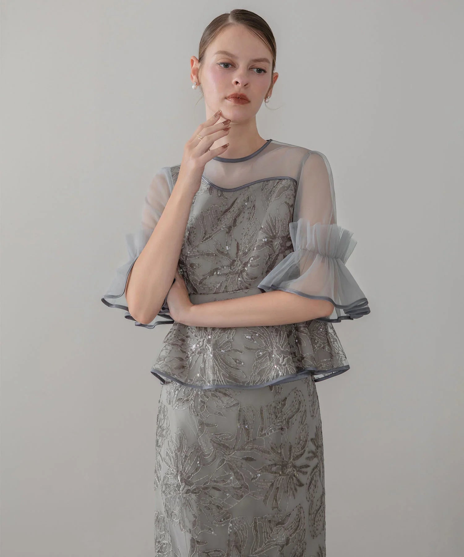 【当日発送】アシンメトリーシアーフラワースパンコールフリルチュール セットアップドレス