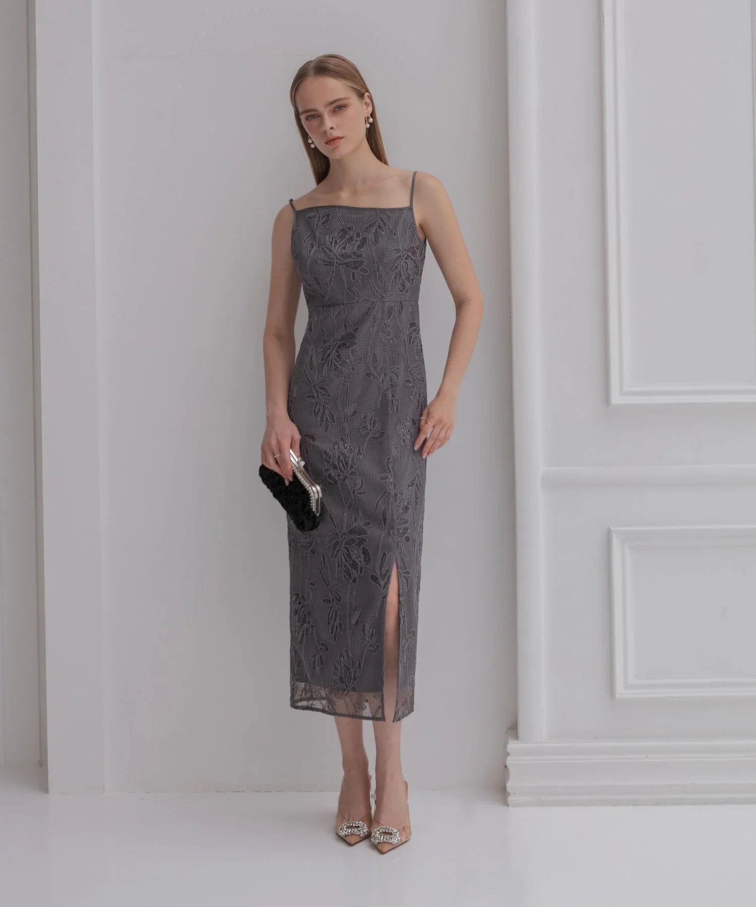 【当日発送】2WAYアシンメトリーフリルチュールフラワーIラインワンピースドレス