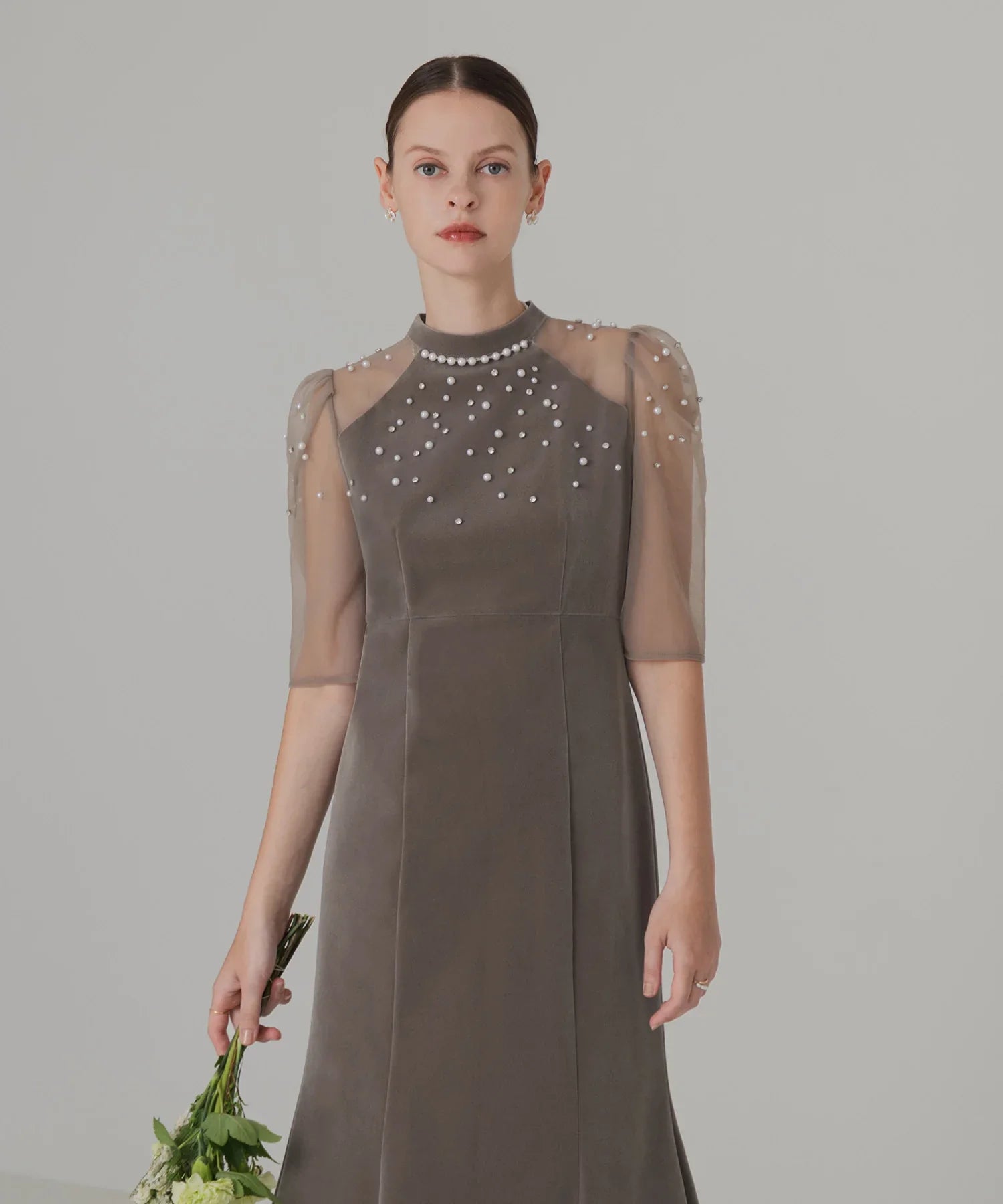 【当日発送】シアースリーブパールビジューベロアマーメイドワンピースドレス