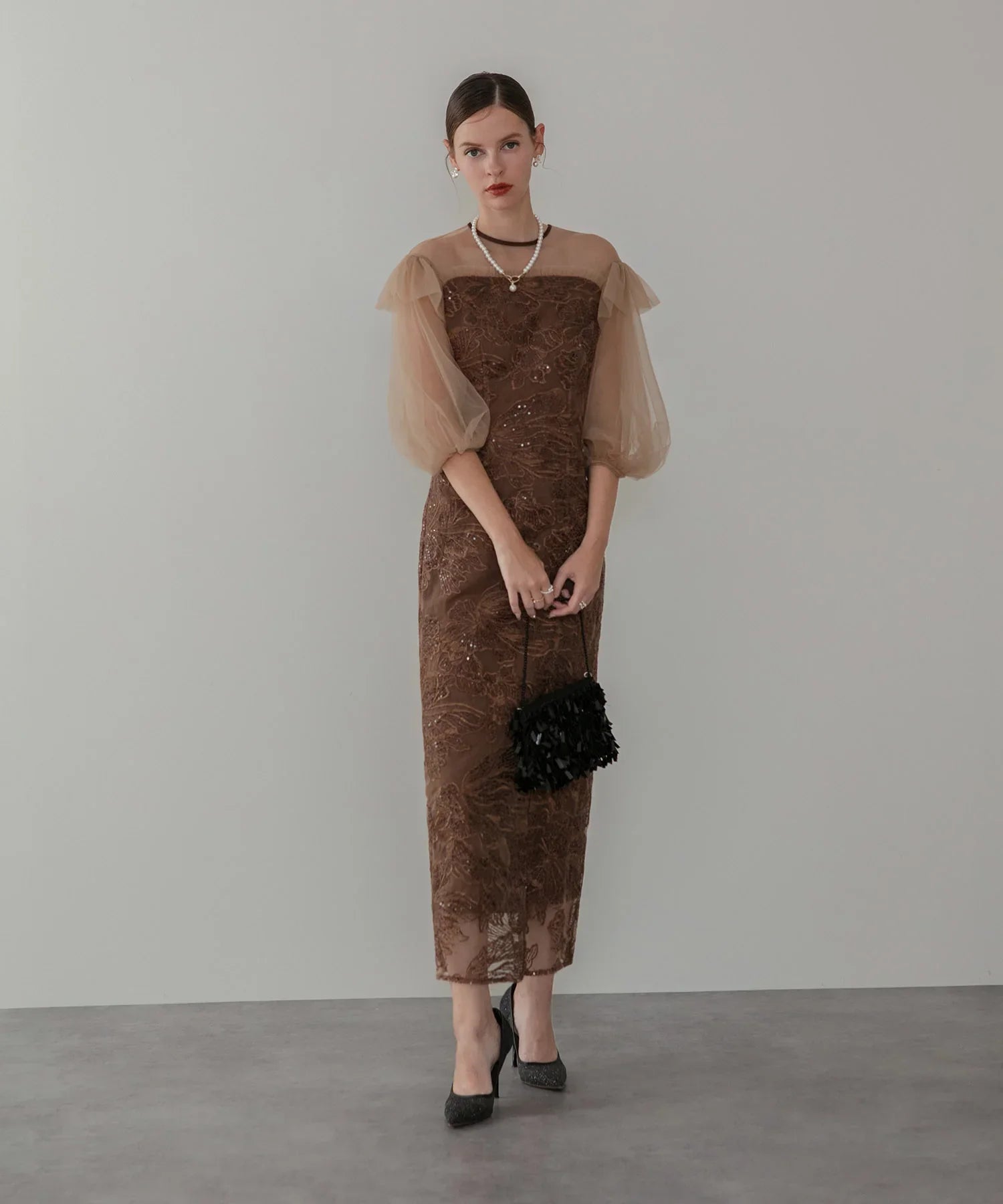 【一部当日発送】フラワースパンコールシアーフリルスリーブIラインワンピースドレス