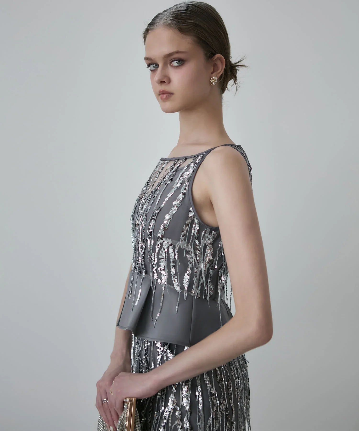 【LEJA LUXE】シルバーフリンジスパンコールペプラムマーメイドドレス