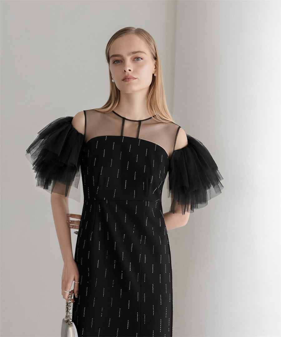 当日発送】オープンショルダーチュールストーンIラインワンピース結婚  