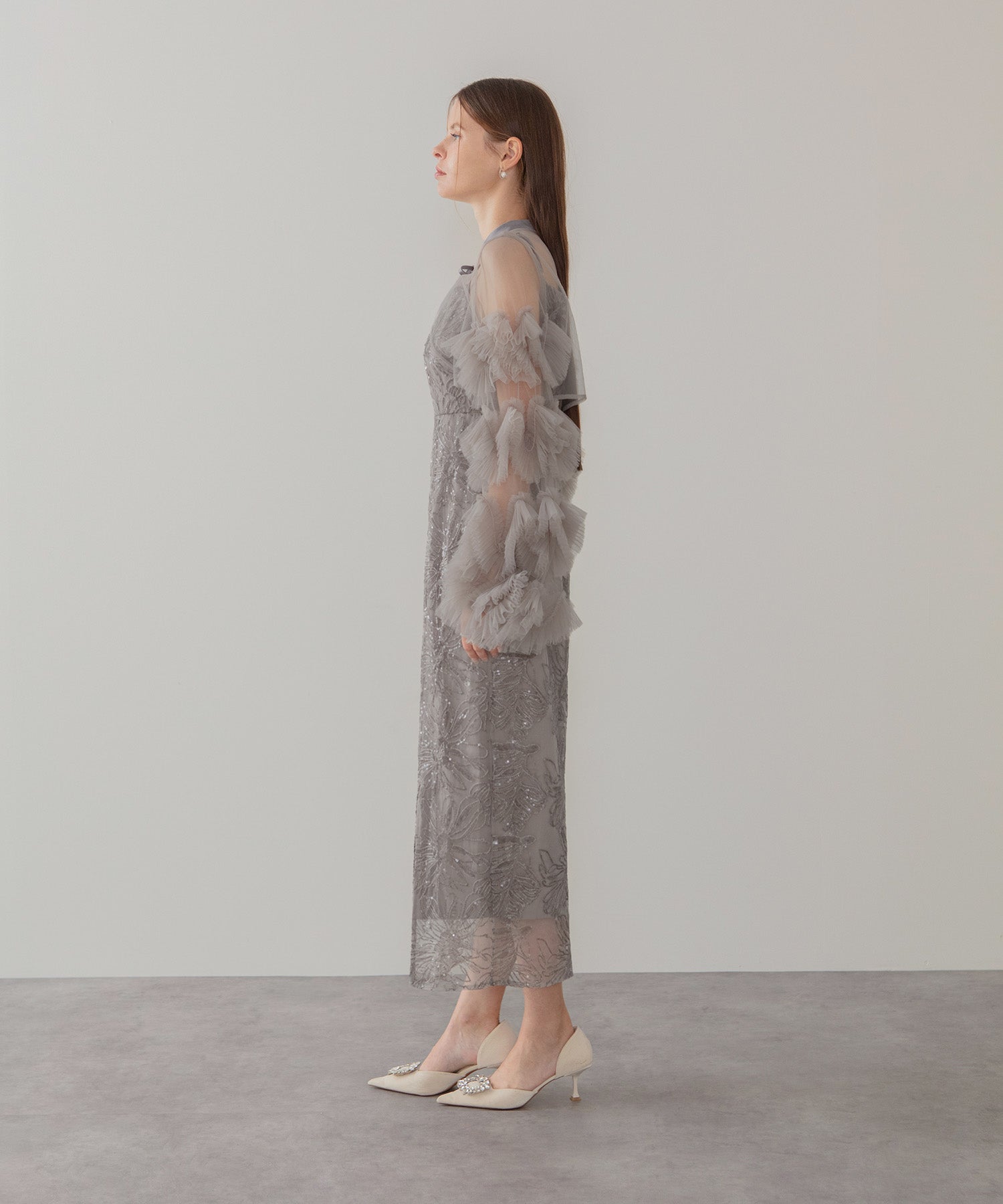 【一部当日発送】フリルチュールスリーブリボンIラインワンピースドレス