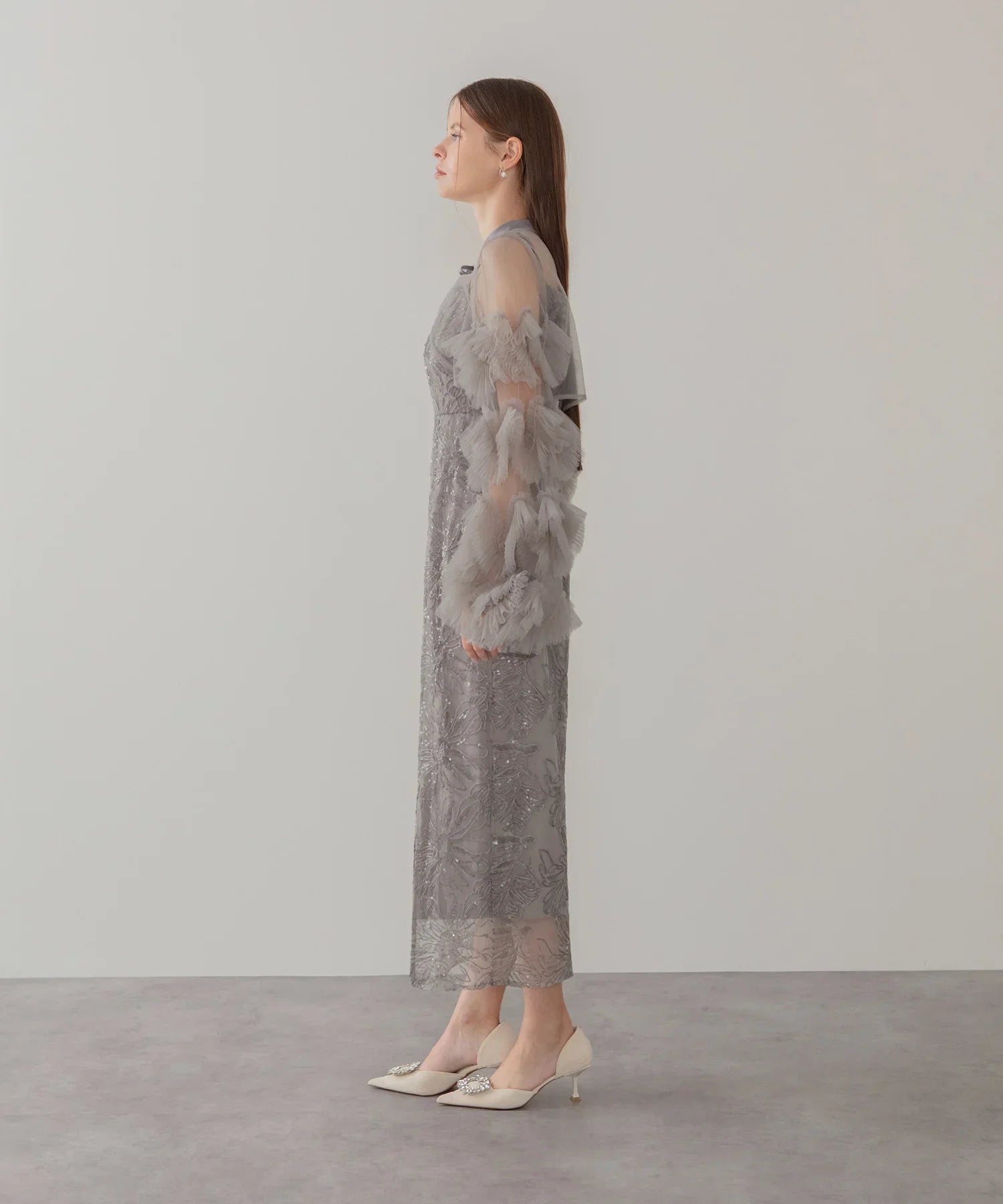 【一部当日発送】フリルチュールスリーブリボンIラインワンピースドレス