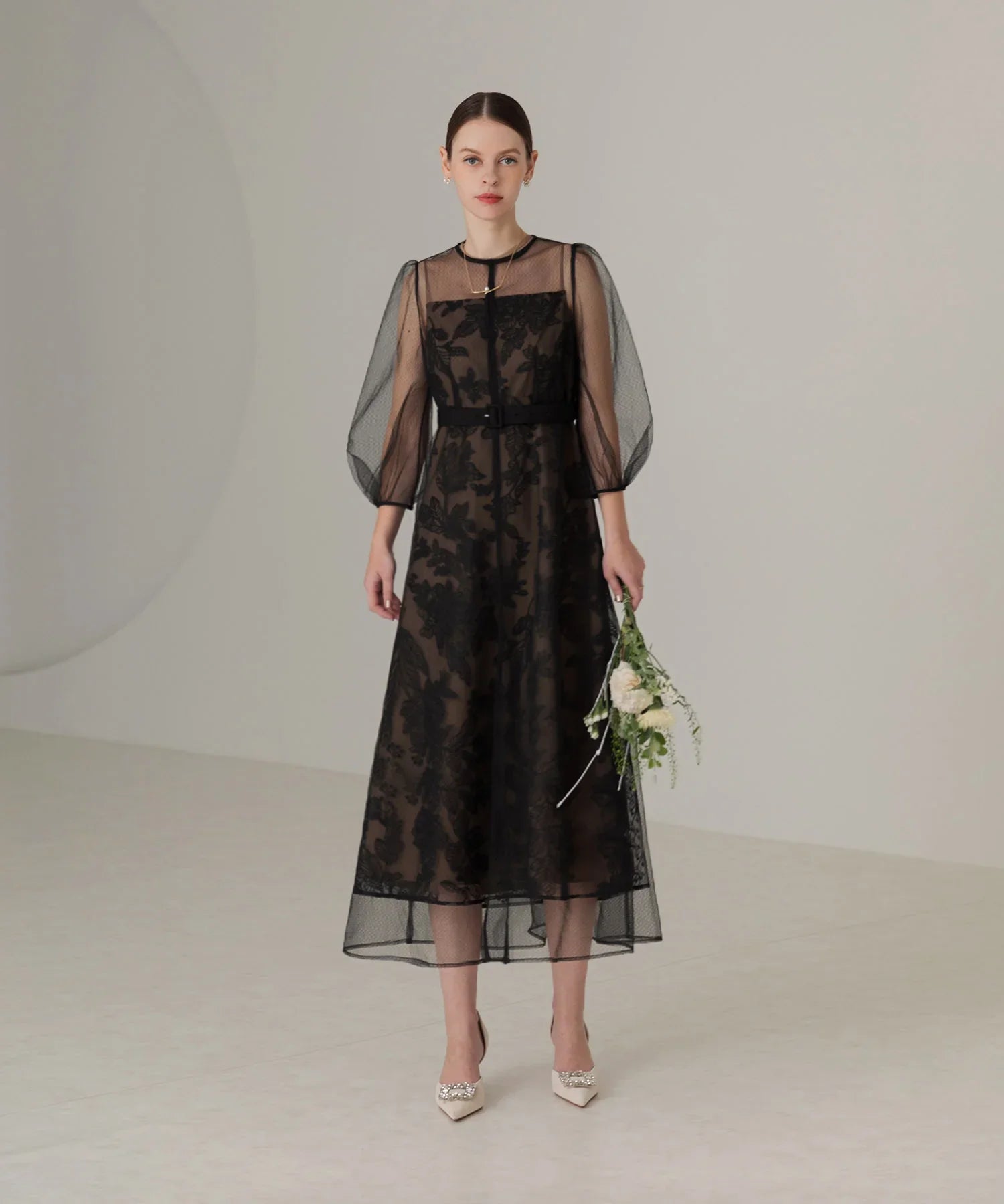 【当日発送】チュールパイピングリーフベルトAラインワンピースドレス