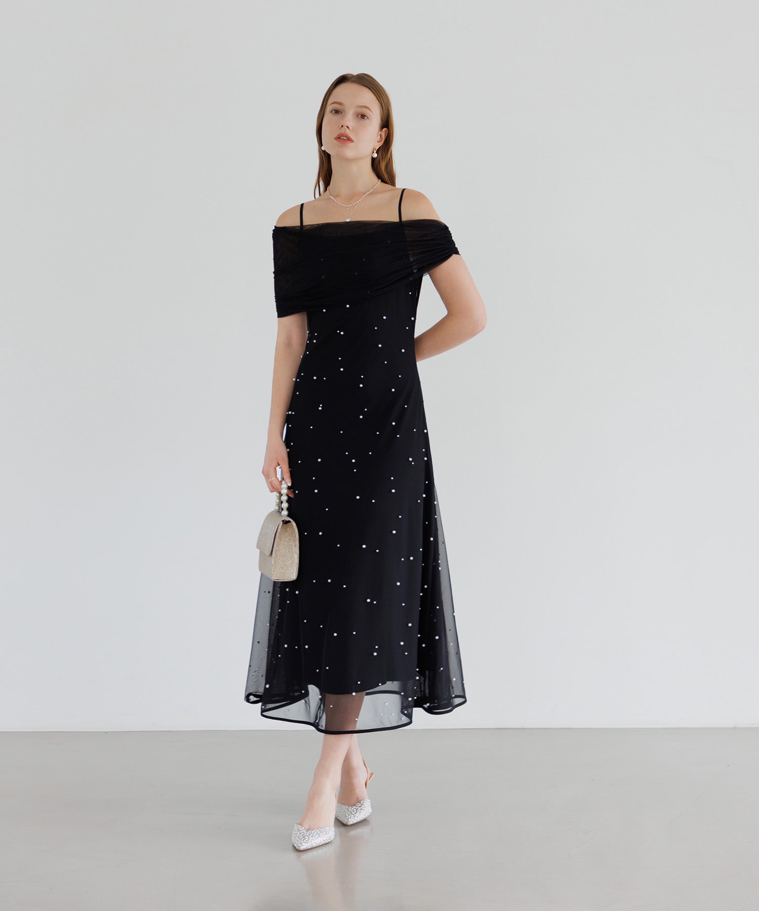 【一部当日発送】2WAYチュールトップスパールAラインワンピースドレス