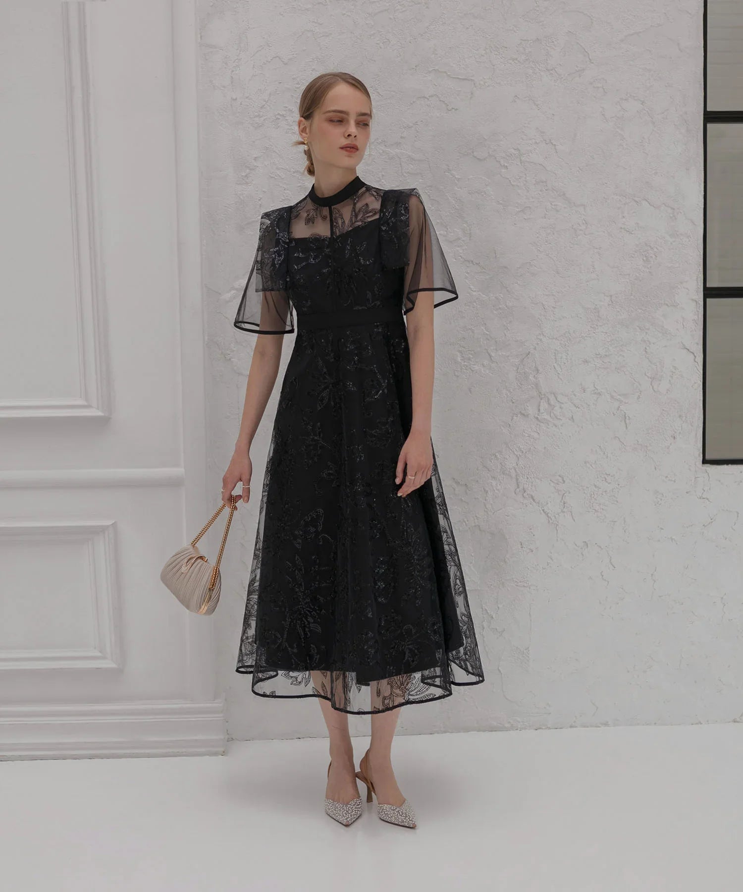 【一部当日発送】フラップデザインフラワースパンコールAラインワンピースドレス