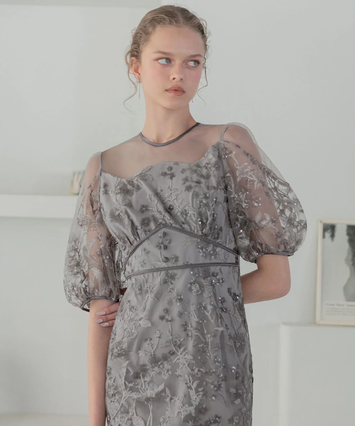 【当日発送】フラワーディテールパフスリーブIラインワンピースドレス