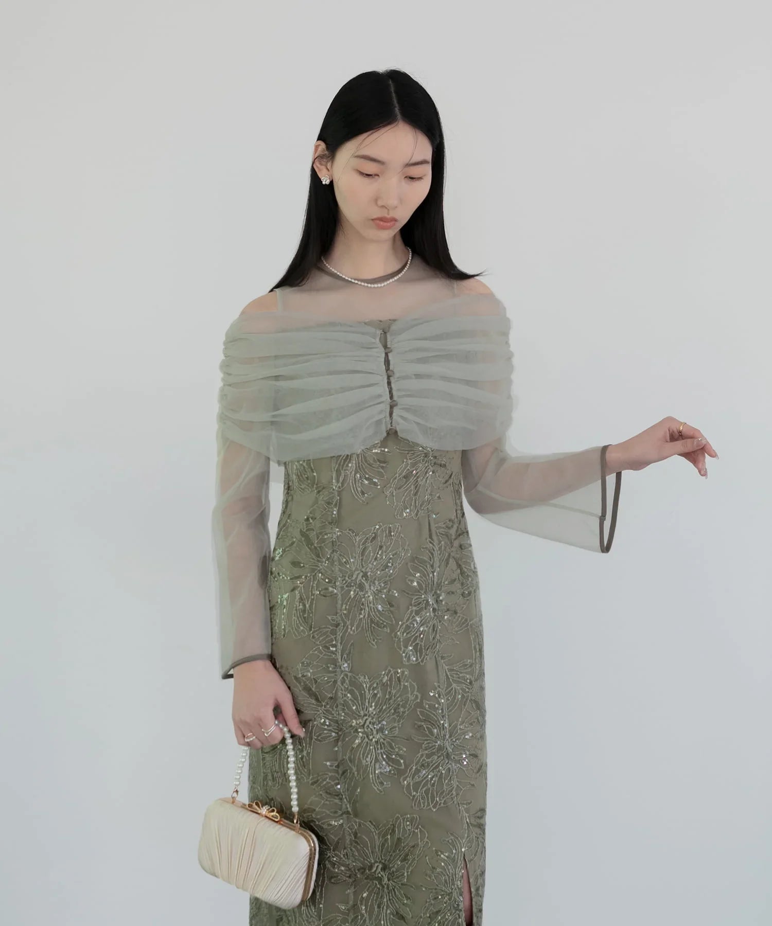 【当日発送】チュールオフショルダー花柄Iラインワンピースドレス