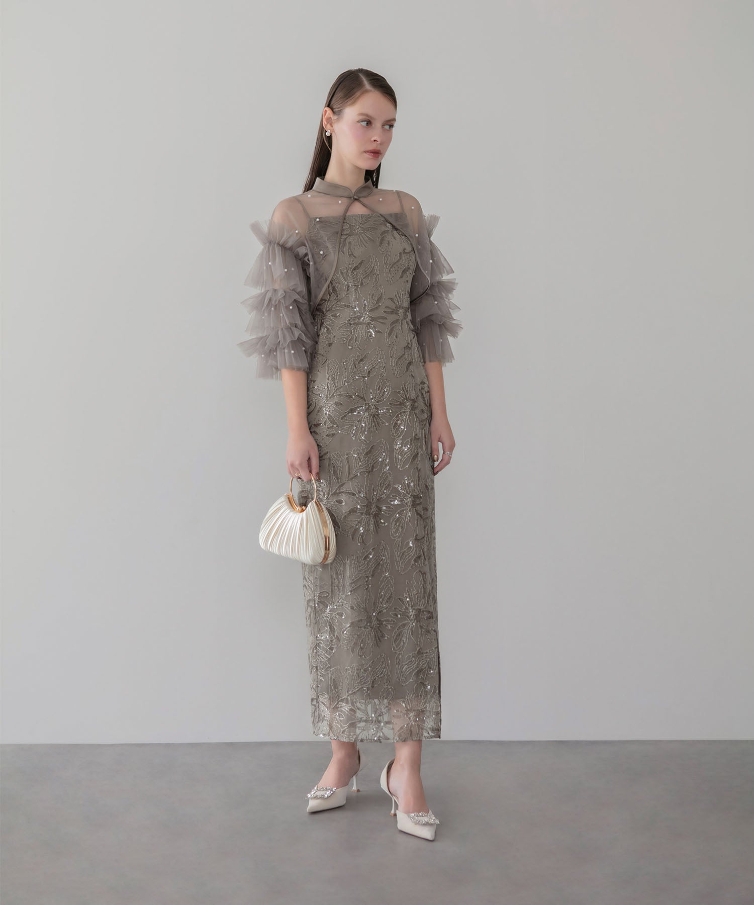 【一部当日発送】パールフリルチュールボレロレイヤードIラインワンピースドレス