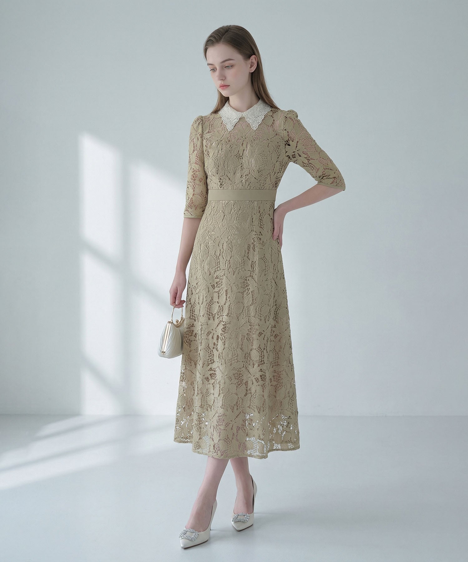 【当日発送】花柄レースビジューカラーAラインワンピースドレス