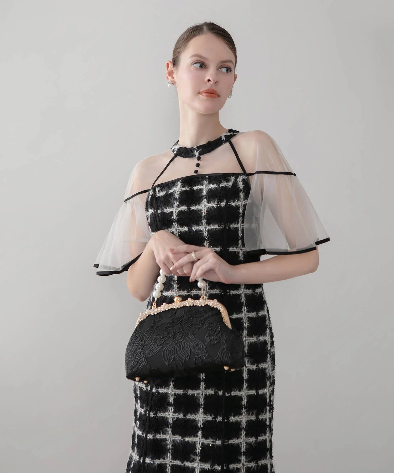 【当日発送】ラメシャギーツイードチェックフリルマーメイドワンピースドレス