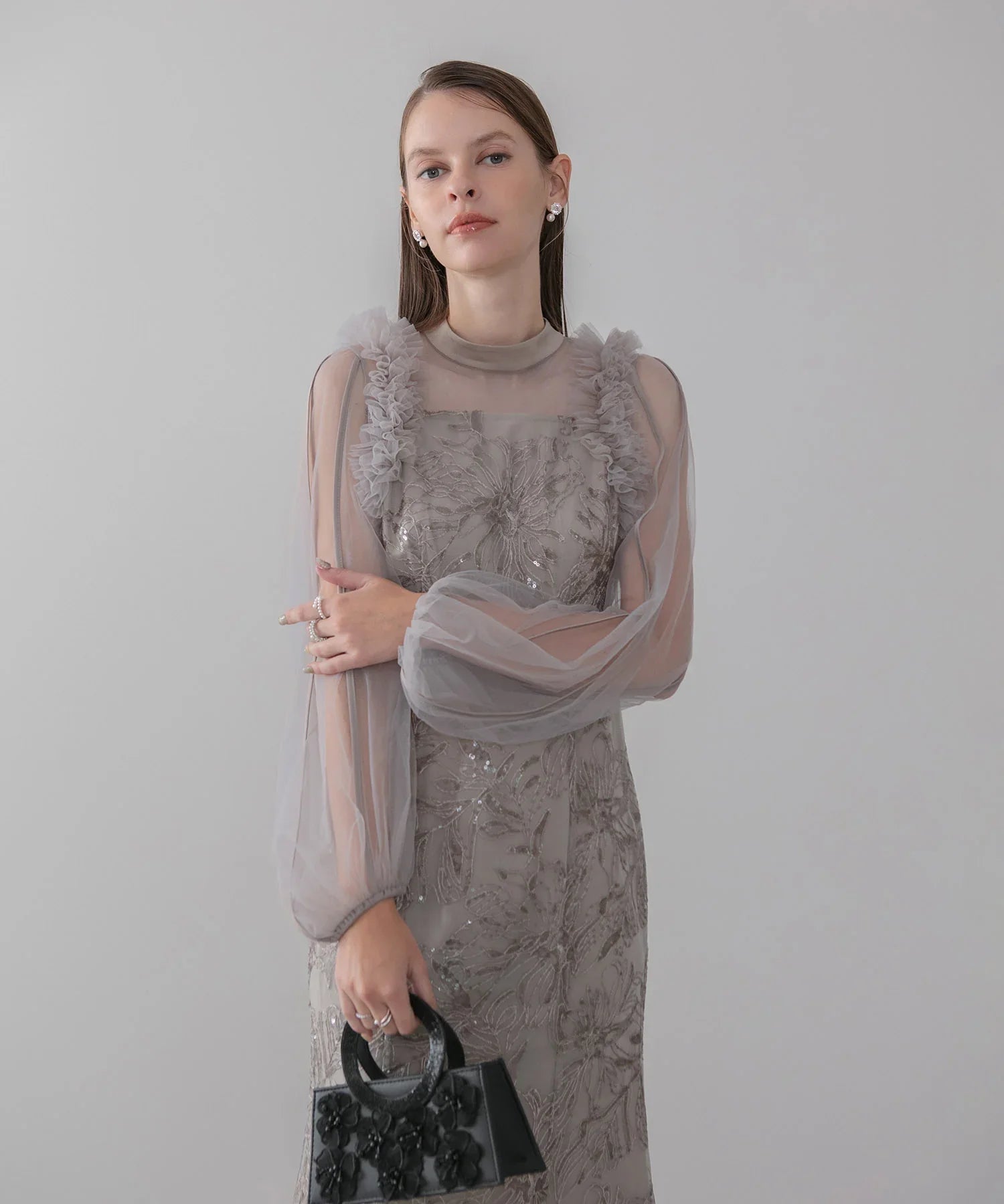 【当日発送】フラワースパンコールチュールフリルロングスリーブマーメイドワンピースドレス