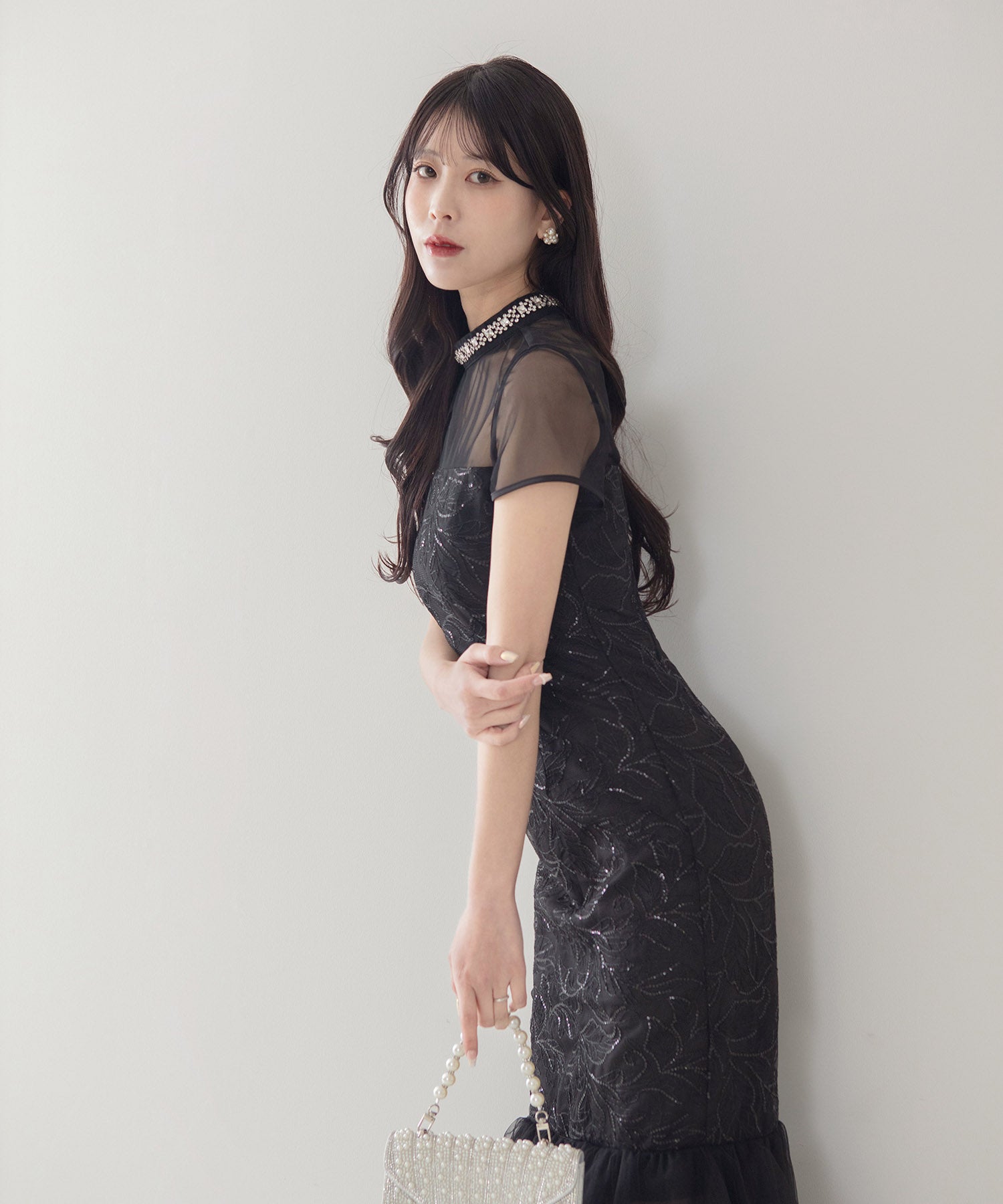【LEJA LUXE】ネックビジュースパンコールシアーティアードマーメイドドレス