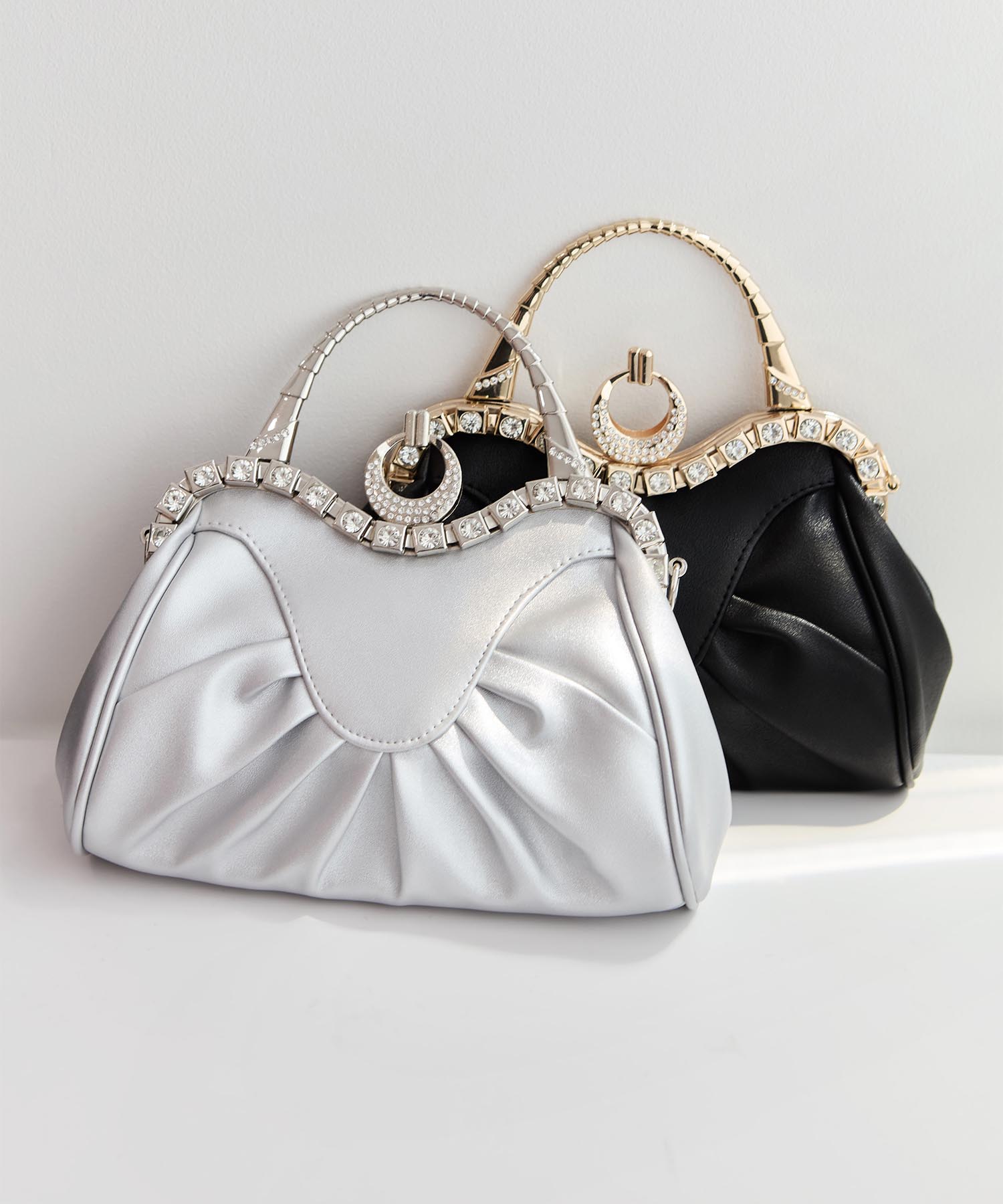 【当日発送】フェイクレザープリーツデザインビジュー2WAYショルダーバッグ