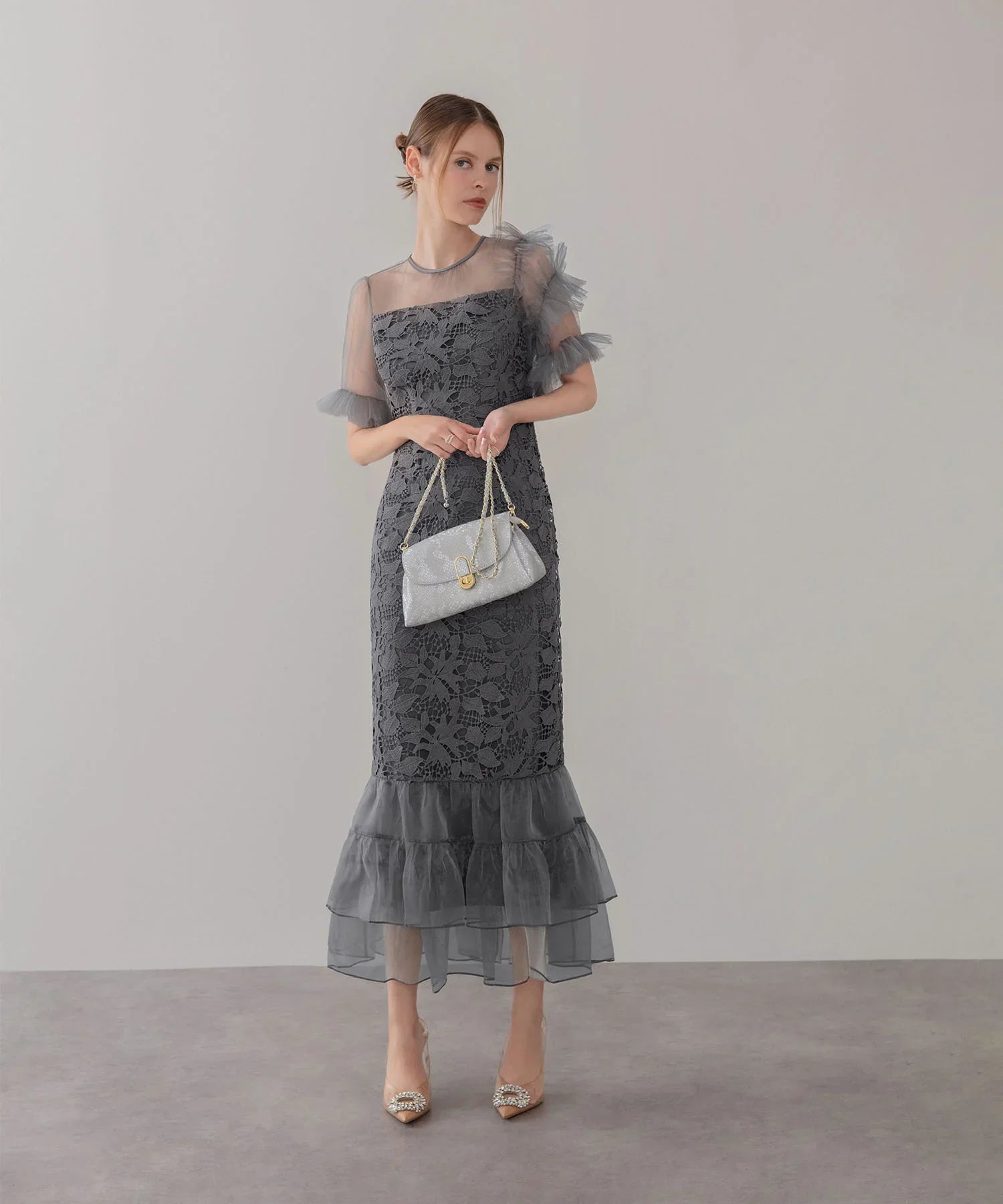 【当日発送】アシンメトリーチュールスリーブレースフリルヘムIラインワンピースドレス