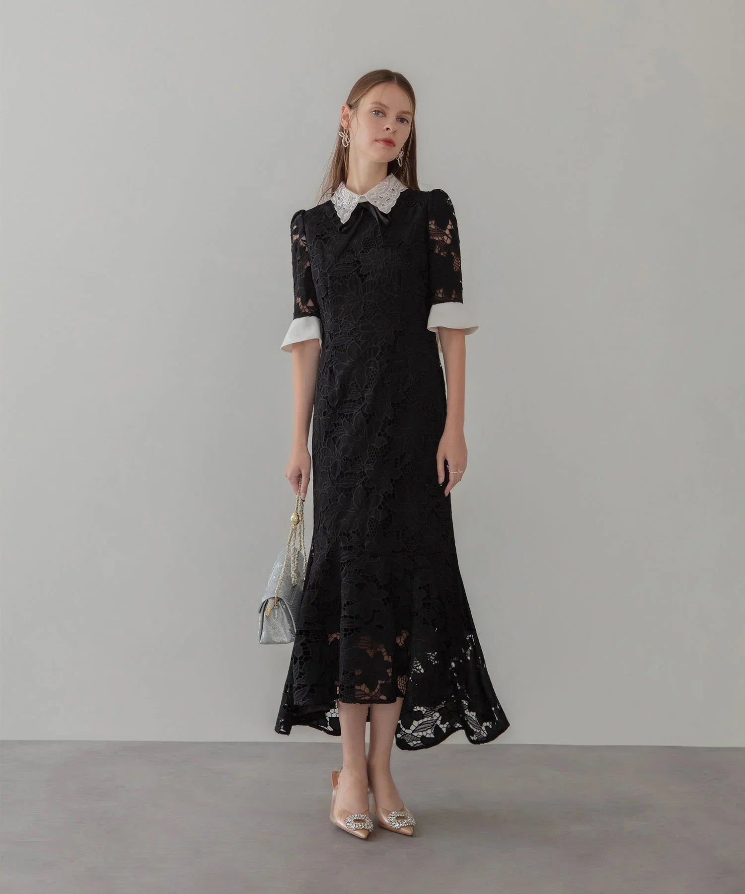 【一部当日発送】パールカラーボウタイフラワーレースフィッシュテールワンピースドレス