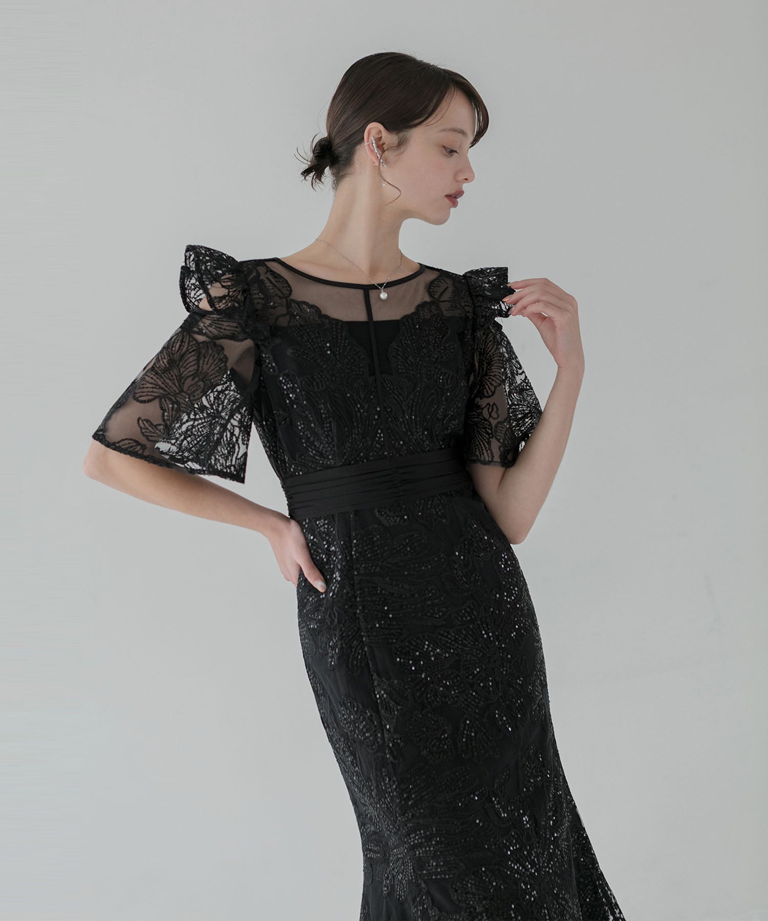 【当日発送】フラワーレースシアーフリルマーメイドワンピースドレス