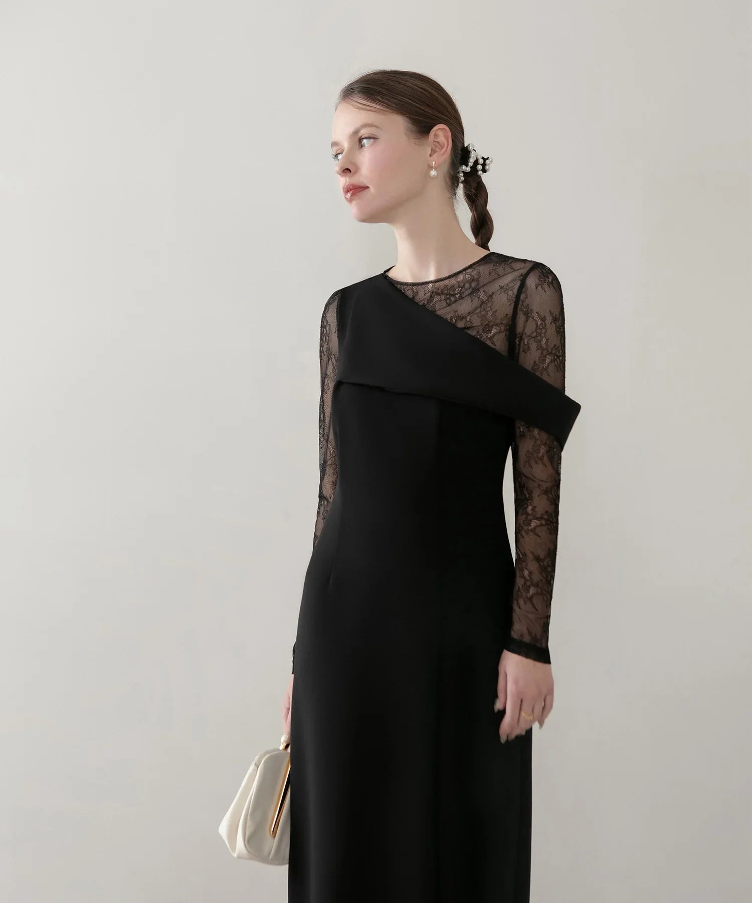 【予約販売】アシンメトリーレースレイヤードフロントスリットセットアップドレス