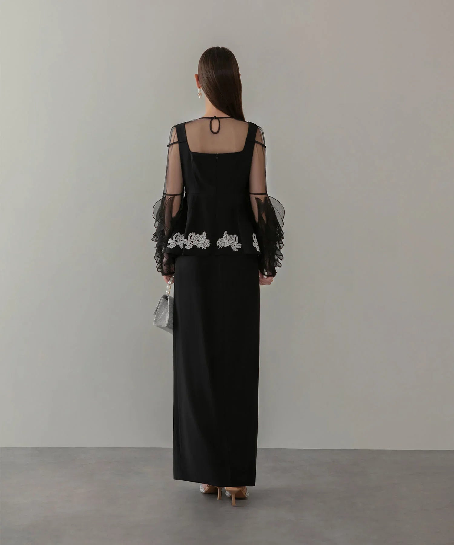 【当日発送】シアースリーブフリルペプラムタイトスカートセットアップドレス