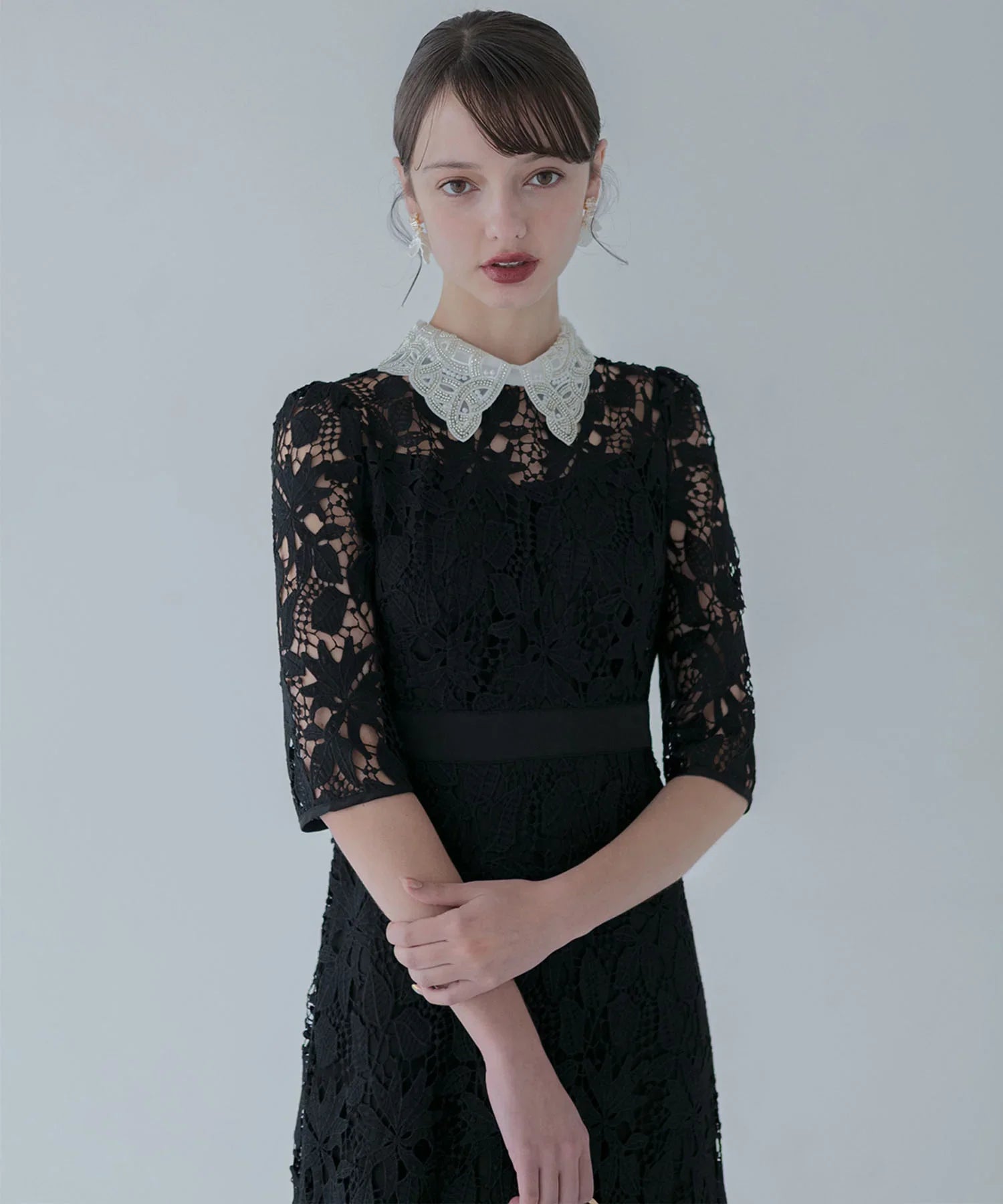 【一部当日発送】花柄レースビジューカラーAラインワンピースドレス