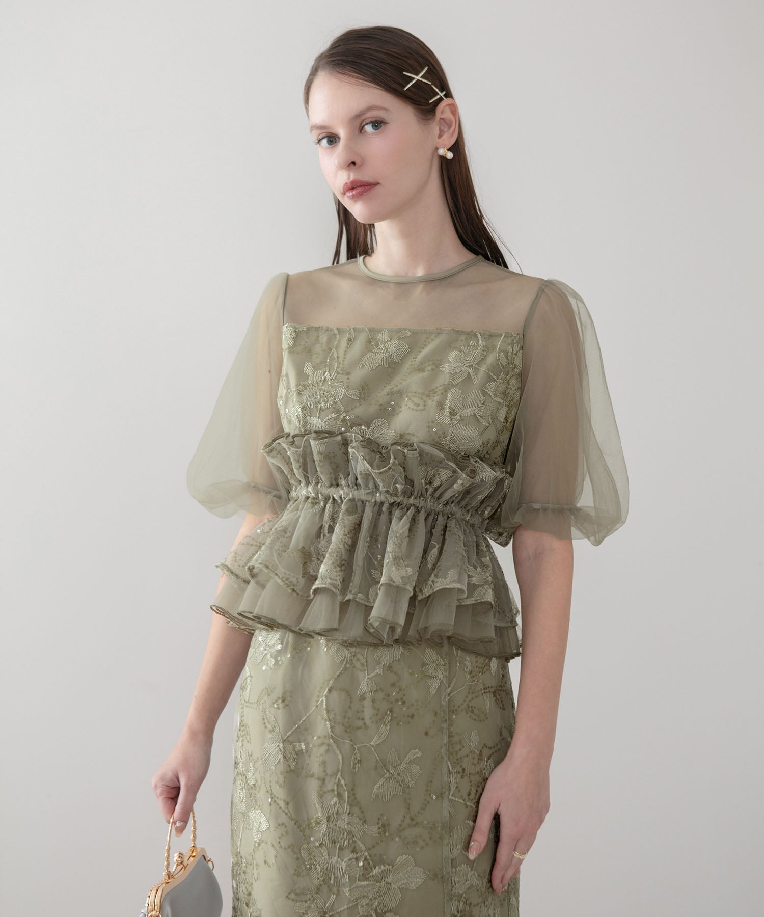 【一部当日発送】3WAYチュールラッフルフラワースパンコールIラインワンピースドレス