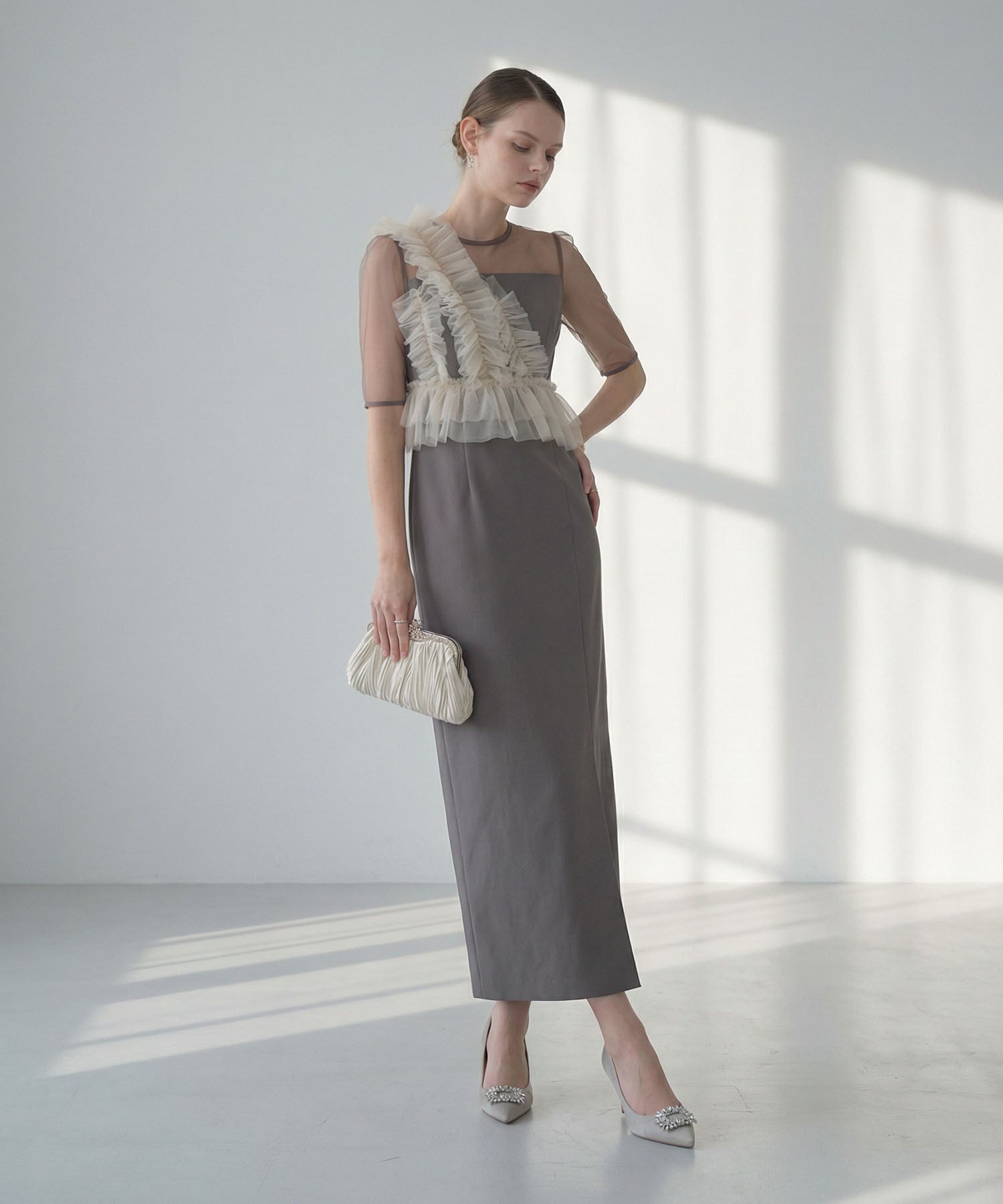 【当日発送】アシンメトリーフリルチュールIラインワンピースドレス