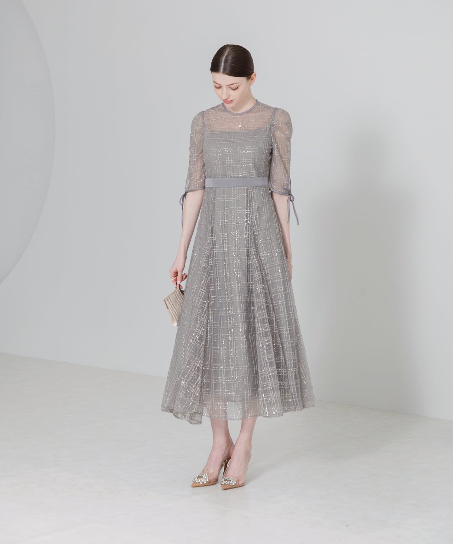 【当日発送】チェックスパンコールリボンワンピースドレス