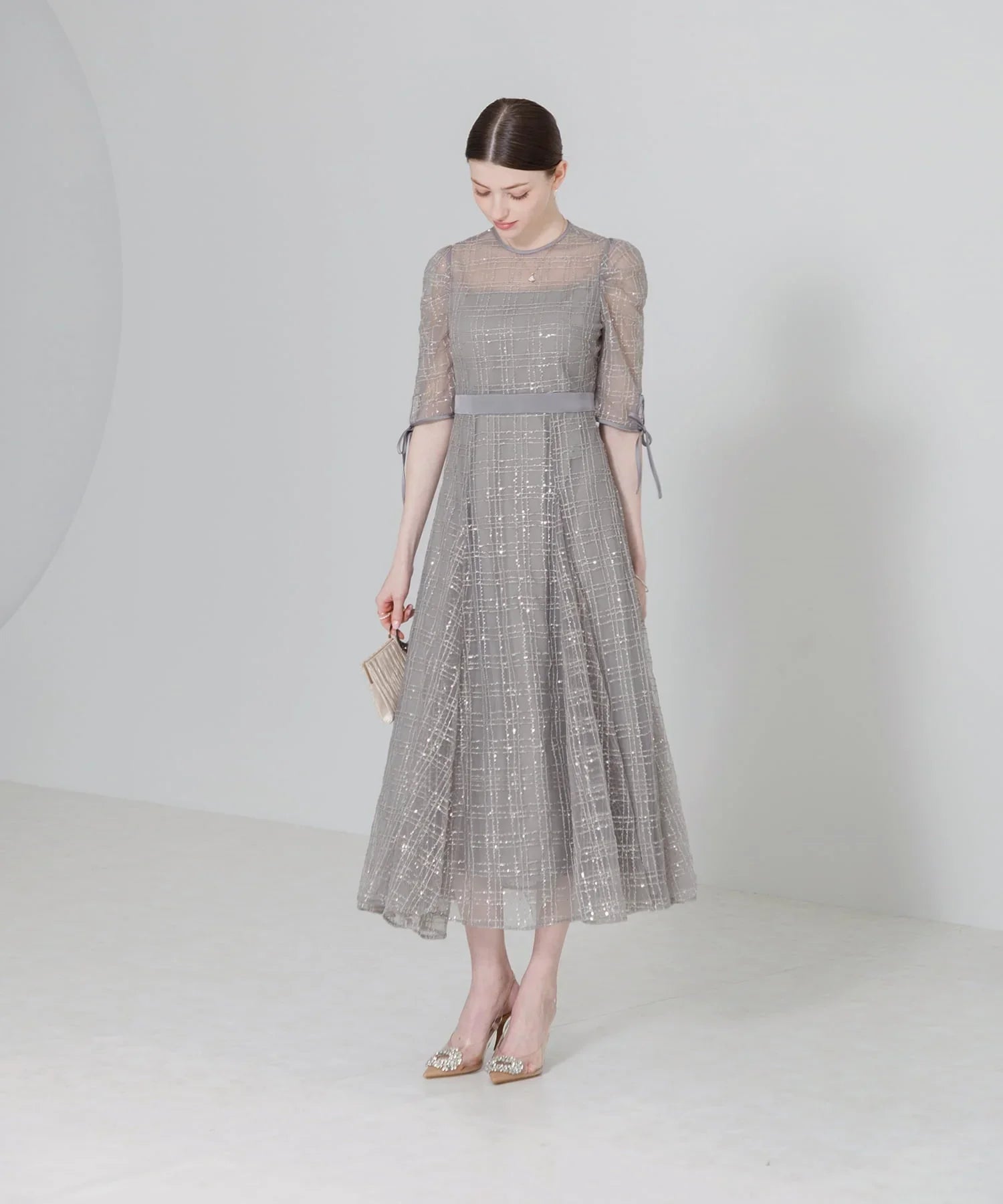 【当日発送】チェックスパンコールリボンワンピースドレス