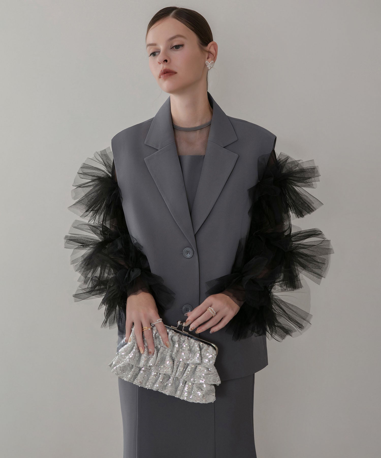 【当日発送】ボリュームチュールスリーブベストセットアップドレス