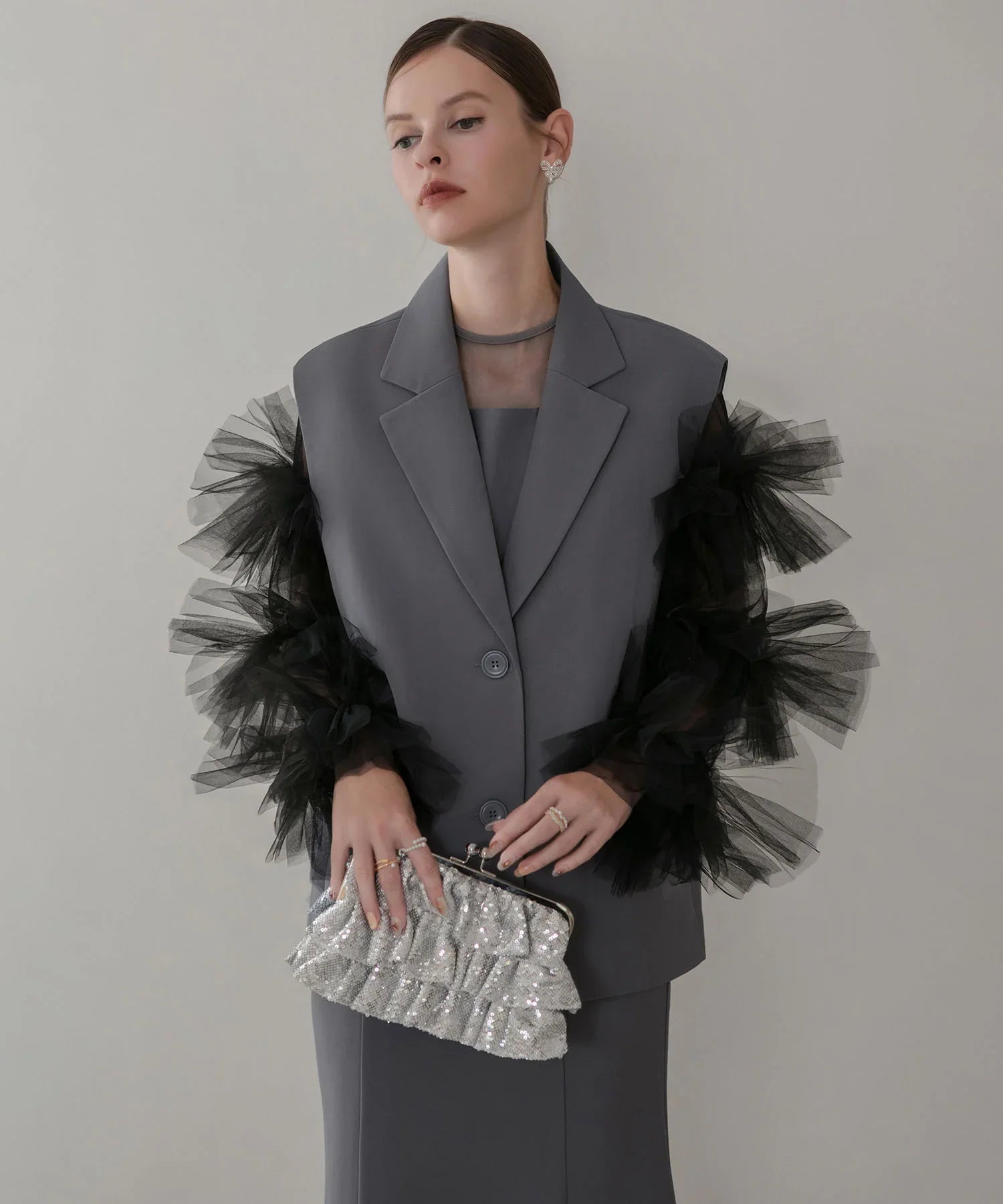 【当日発送】ボリュームチュールスリーブベストセットアップドレス